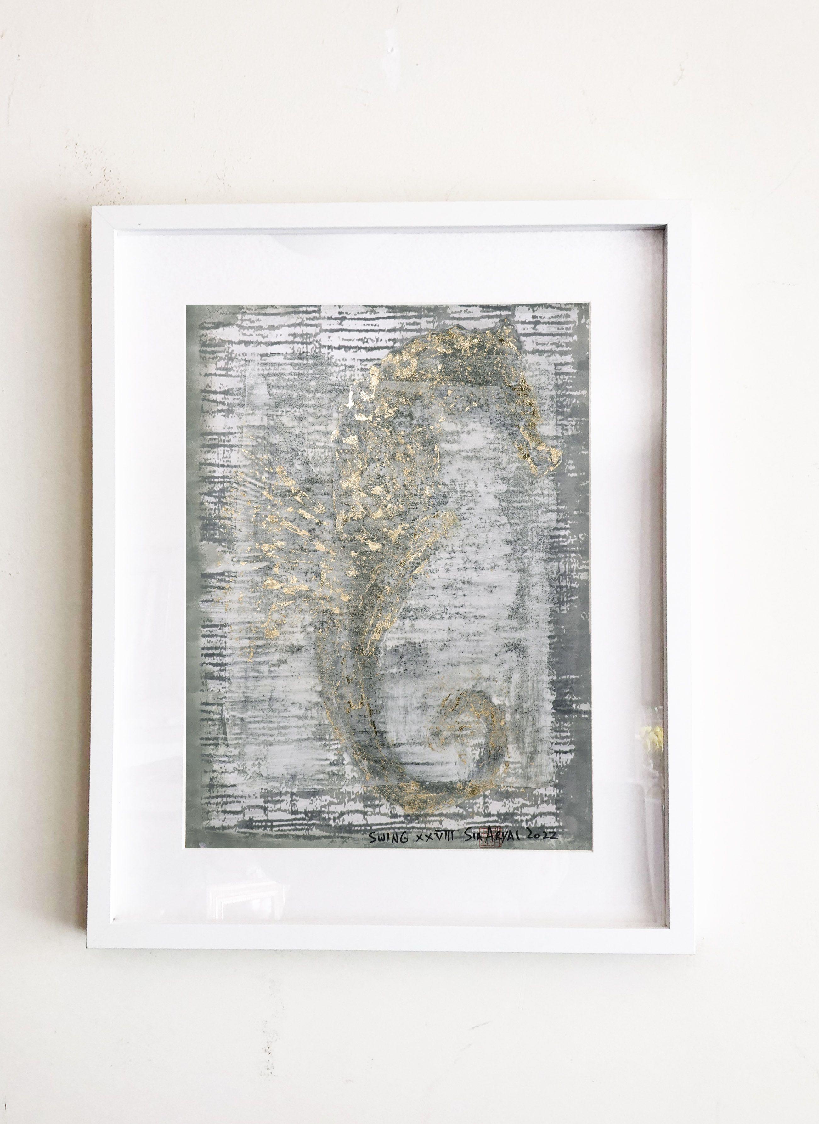 Swing XVIII arte unica incorniciata in foglia d'oro, tecnica mista su carta - Mixed Media Art Surrealismo di Sia Aryai