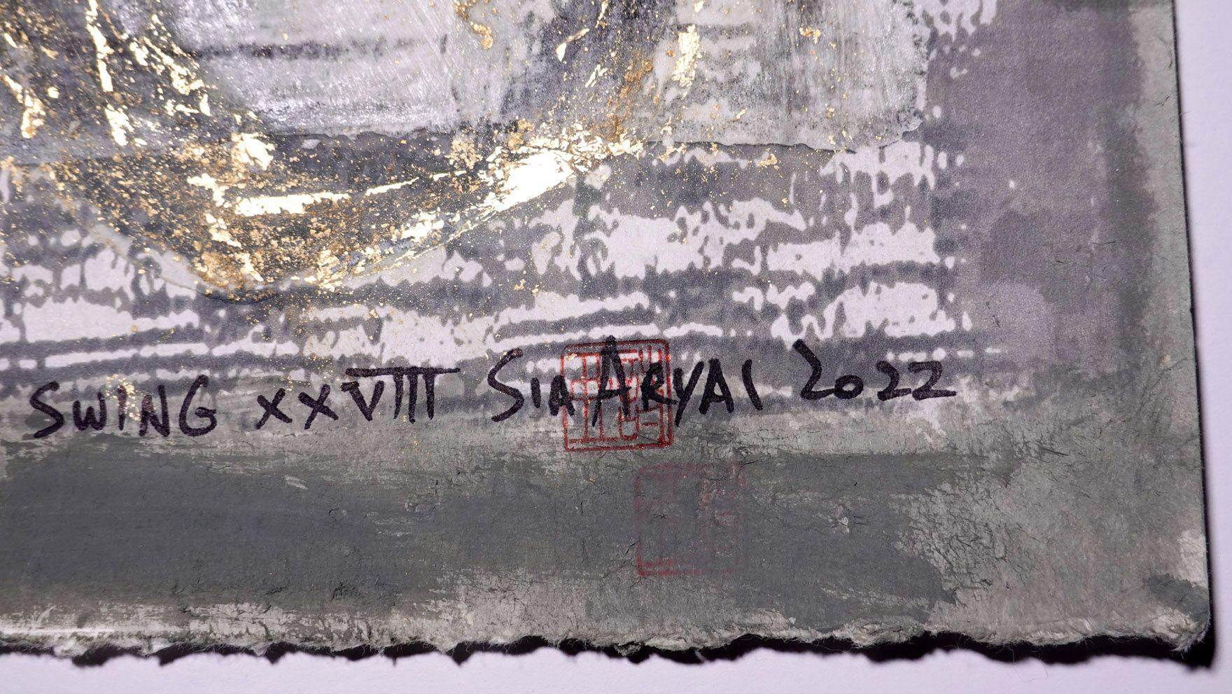Swing XVIII arte unica incorniciata in foglia d'oro, tecnica mista su carta in vendita 1
