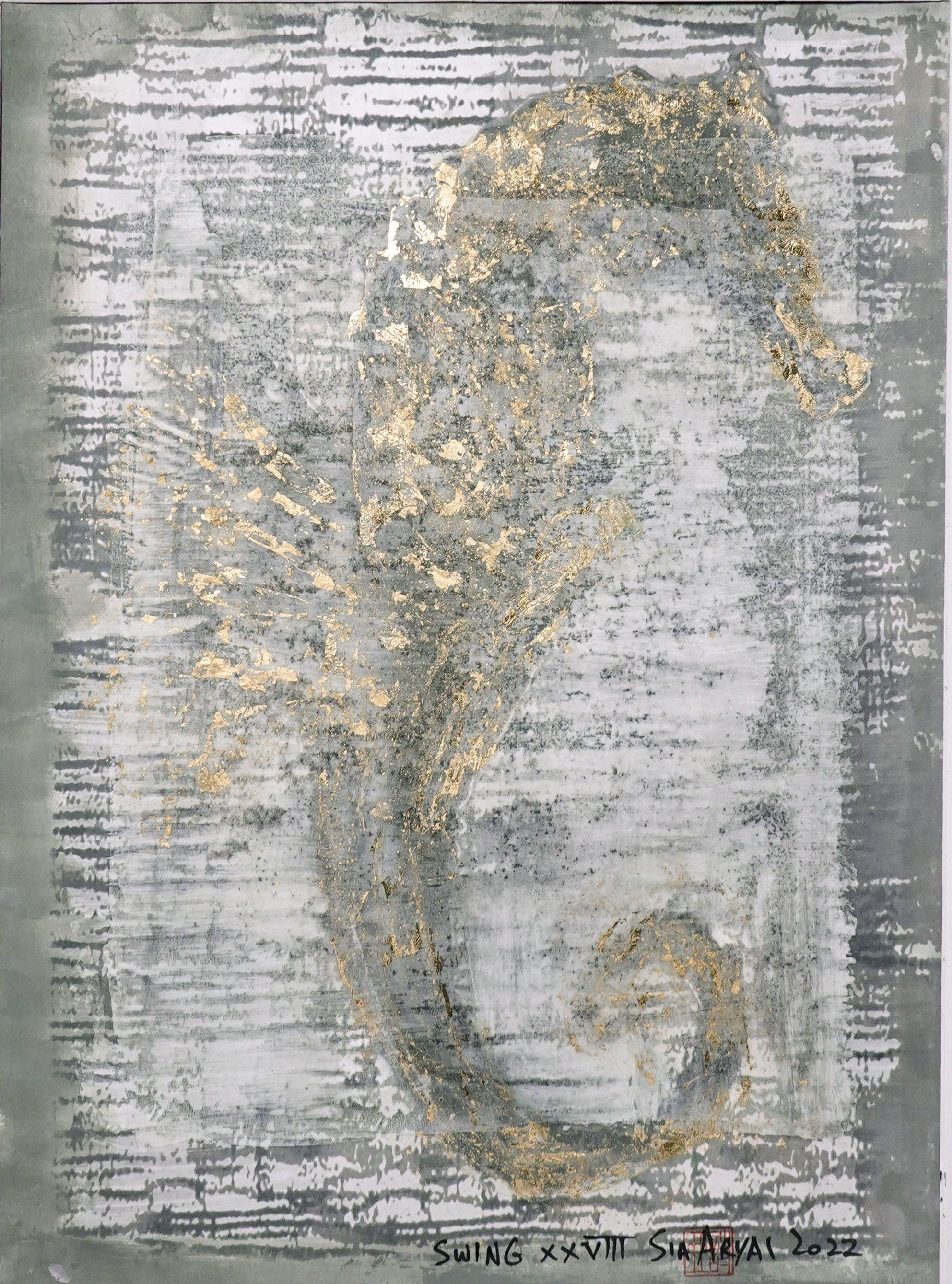 Swing XVIII arte unica incorniciata in foglia d'oro, tecnica mista su carta - Mixed Media Art di Sia Aryai