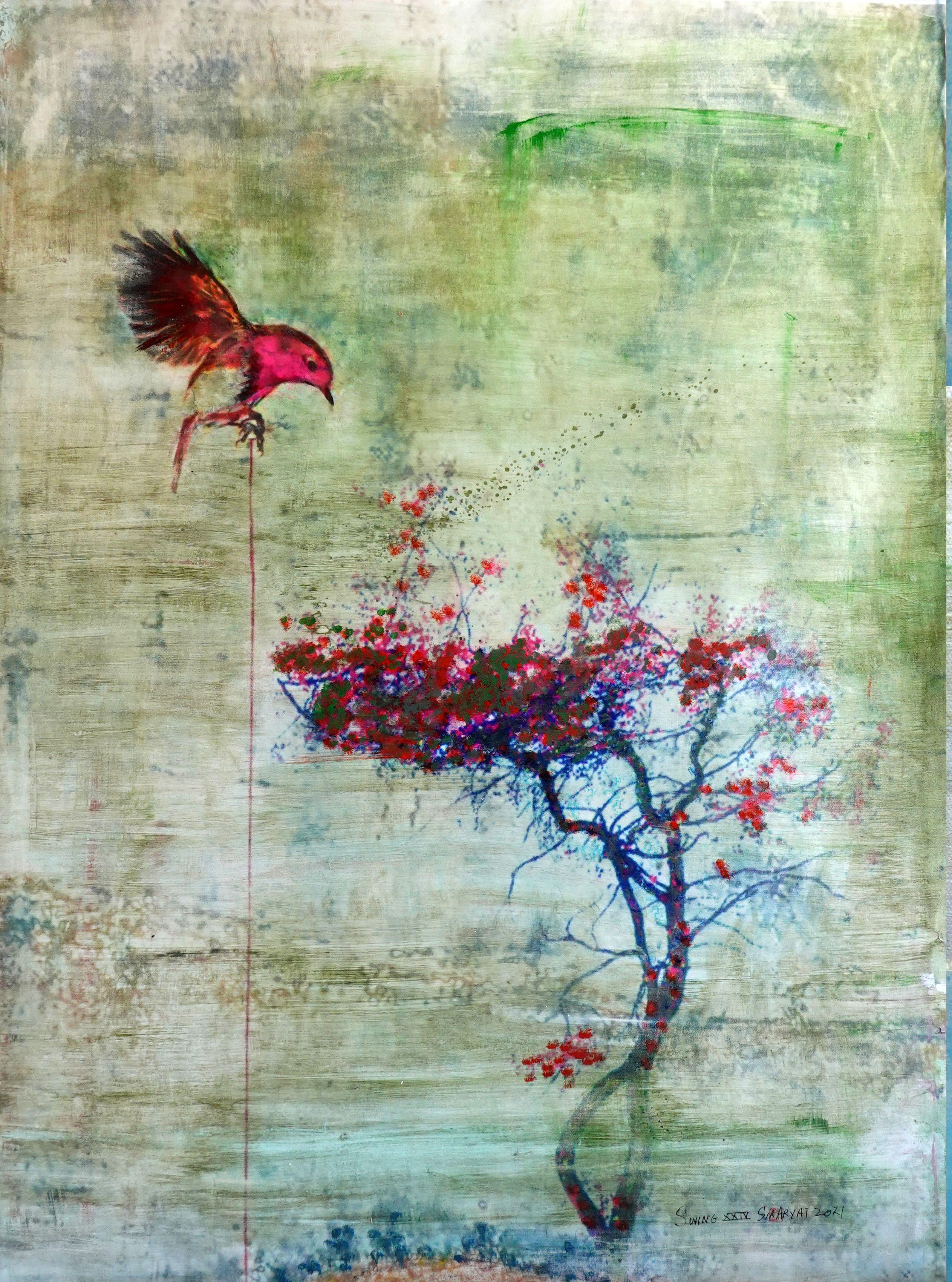 Swing XXIV  Abstract surreal bird  nesting, Mixed Media on Canvas - Mixed Media Art by Sia Aryai