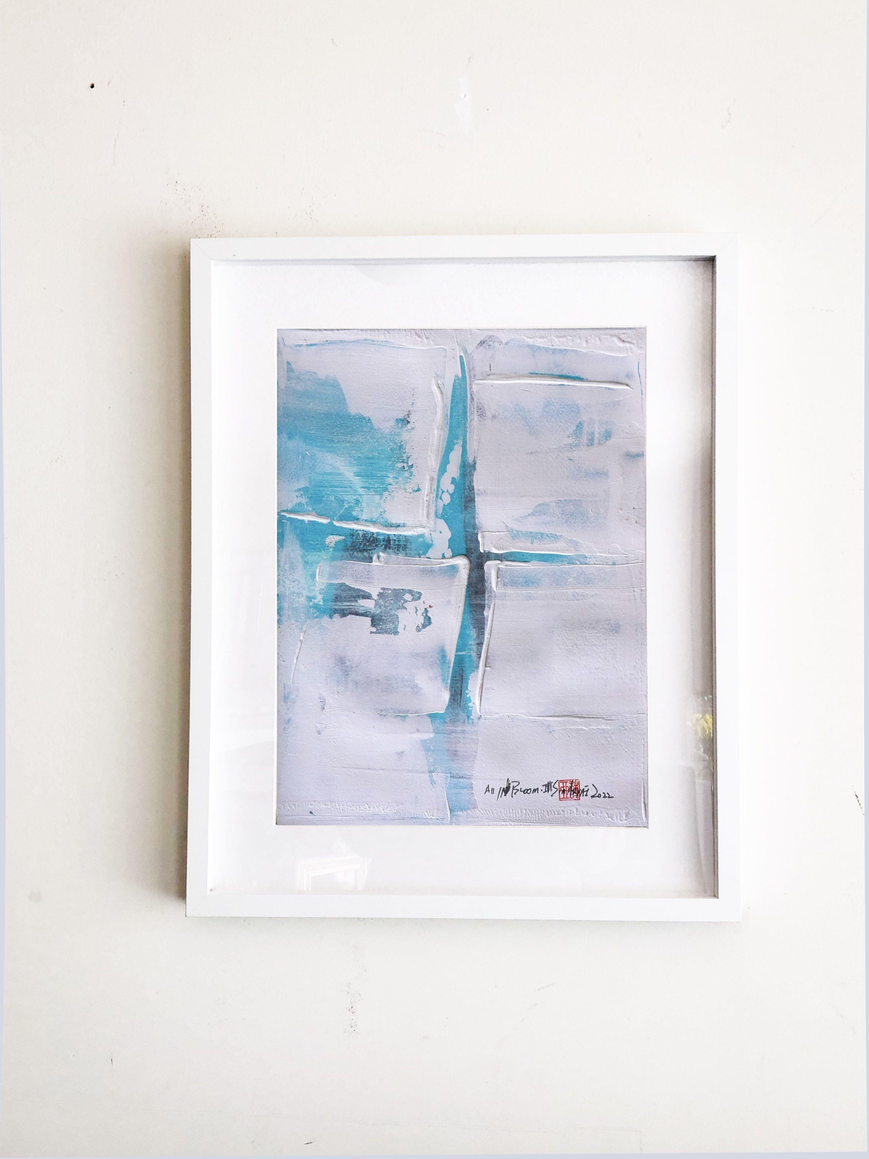Le tout en fleurs. Art abstrait encadré bleu éclatant III, peinture, acrylique sur papier - Minimaliste Painting par Sia Aryai