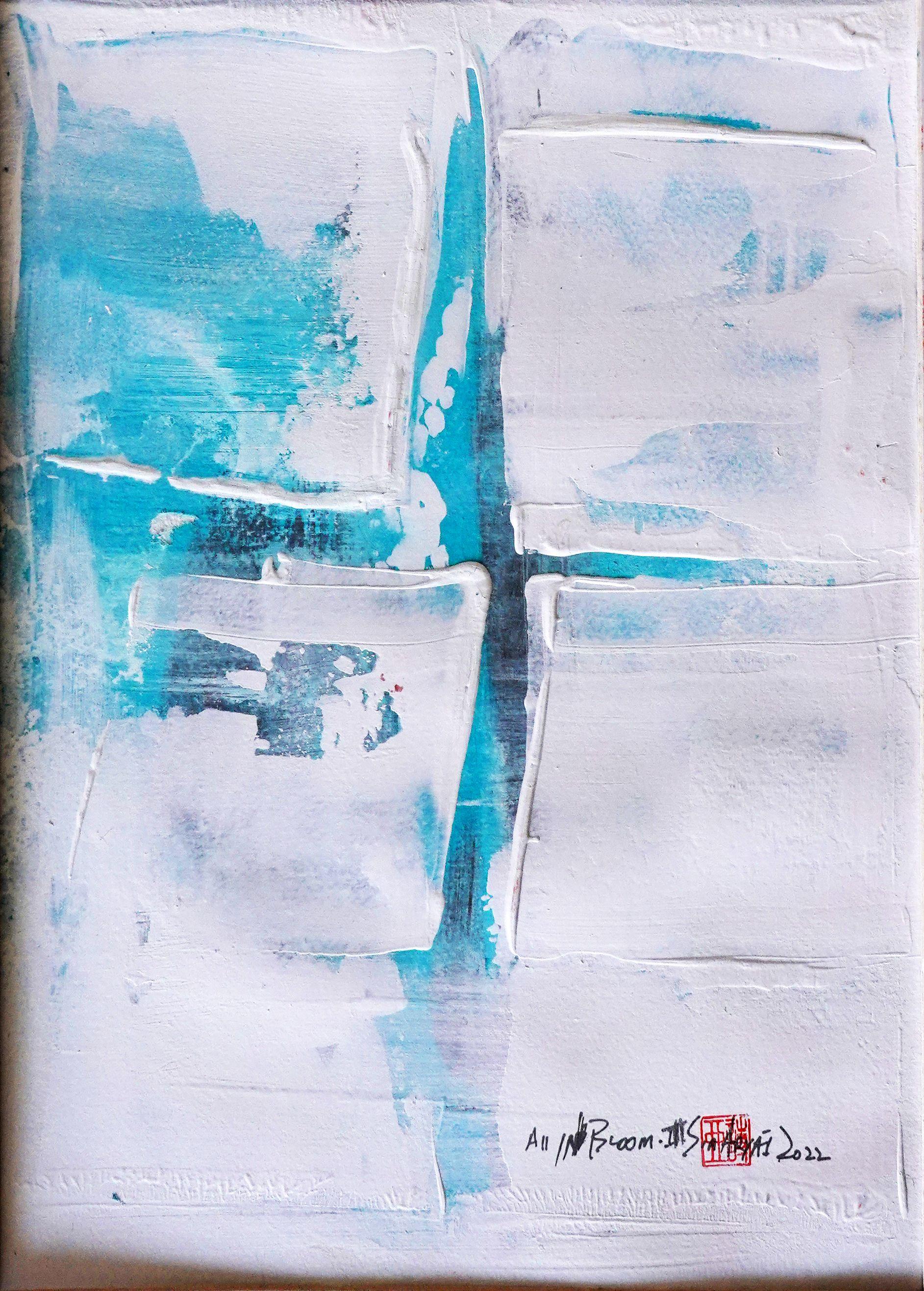 Die Blütenblätter sind in Blütenblättern. III Abstrakte, lebendige, blaue gerahmte Kunst, Gemälde, Acryl auf Papier – Painting von Sia Aryai