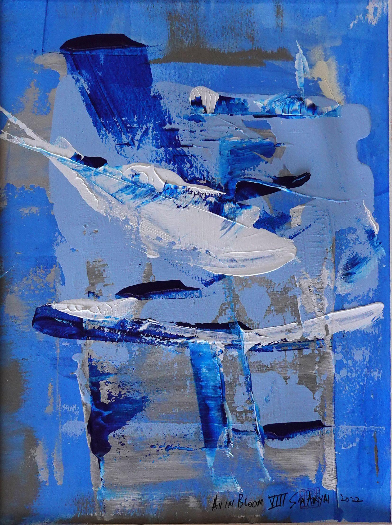 Die Blütenblätter sind in Blütenblättern. VIII. Einzigartiges blaues Gemälde, Acryl auf Papier – Painting von Sia Aryai