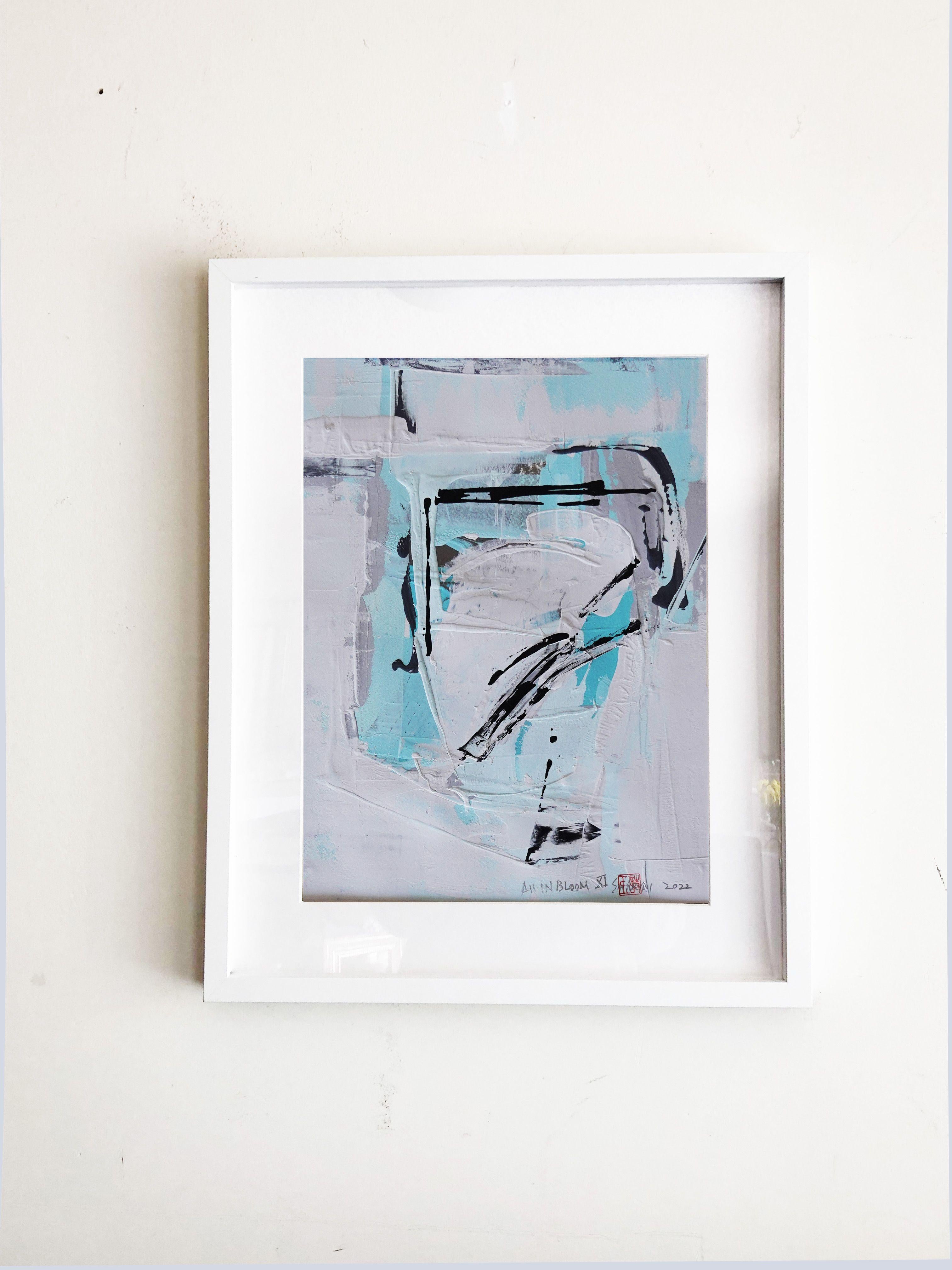 All in bloom. XI Abstract blue framed painting, Painting, Acrylic on Paper For Sale 1