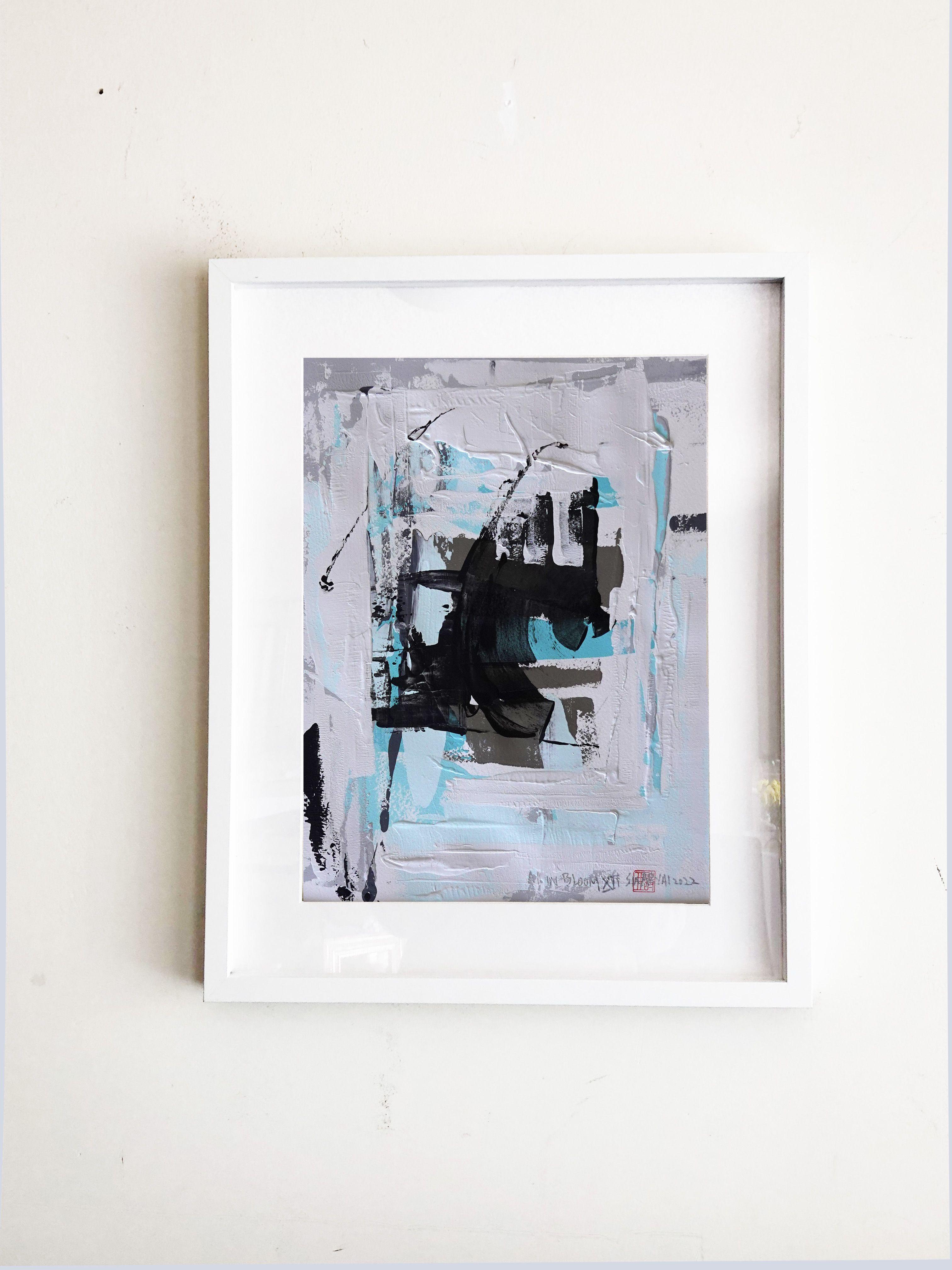 All in bloom. XII framed abstract blue painting, Painting, Acrylic on Paper For Sale 2