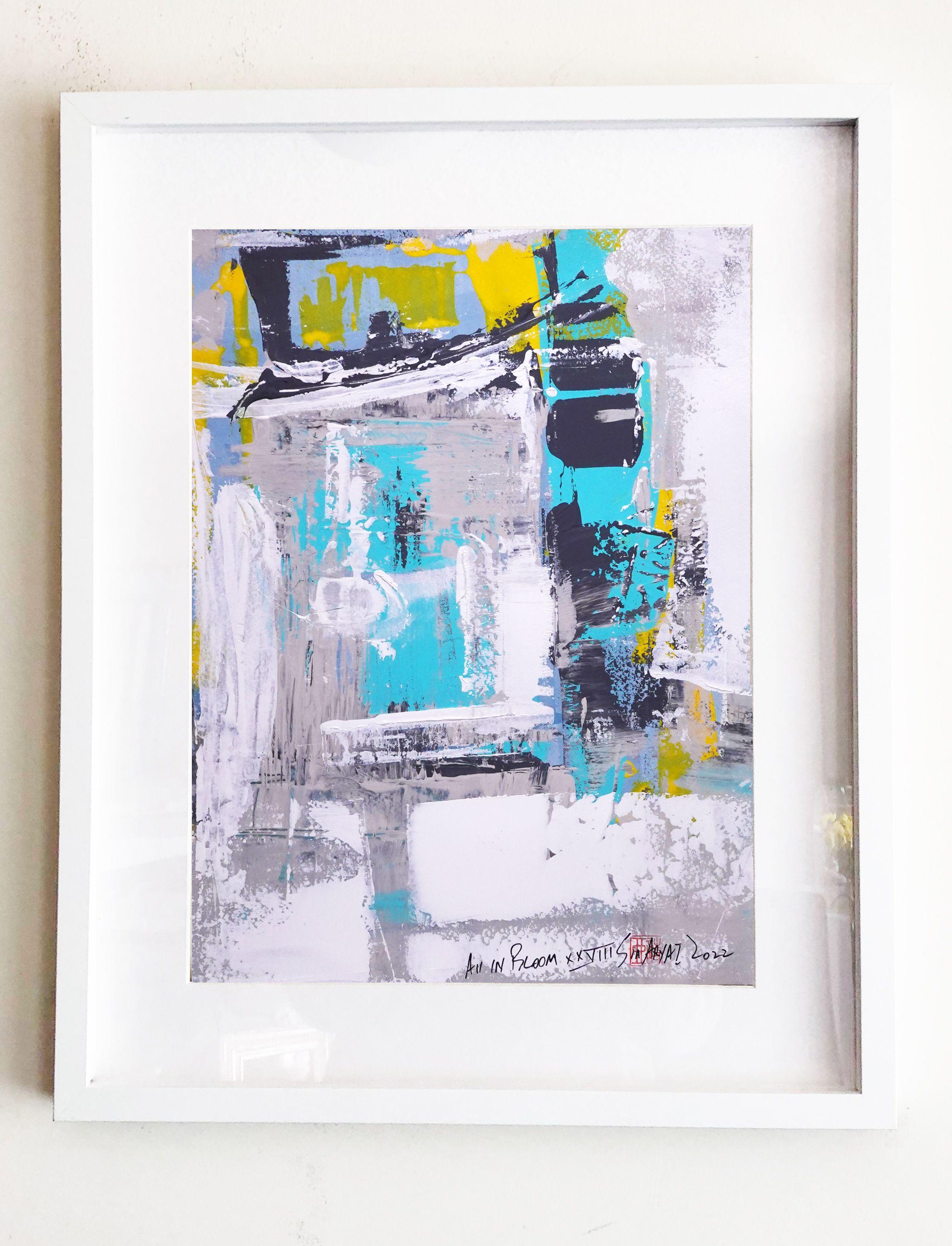 Todo en flor. XXVIII Abstracto enmarcado azul vibrante, Pintura, Acrílico sobre papel - Painting Contemporáneo de Sia Aryai