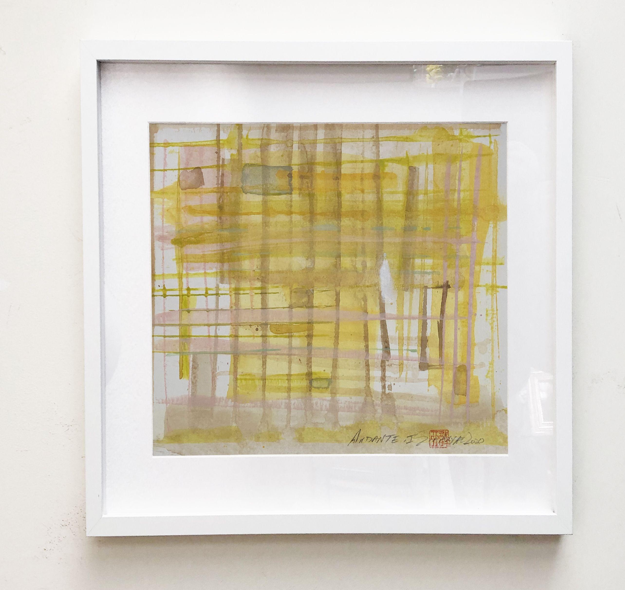 Andante. I Ready to Hang framed Original Abstract Painting  Yellow stands for playful and optimistic.   Shades of bold energetic yellow race across the palest white and beige background.   This lively original painting on heavy stock brings a pop of
