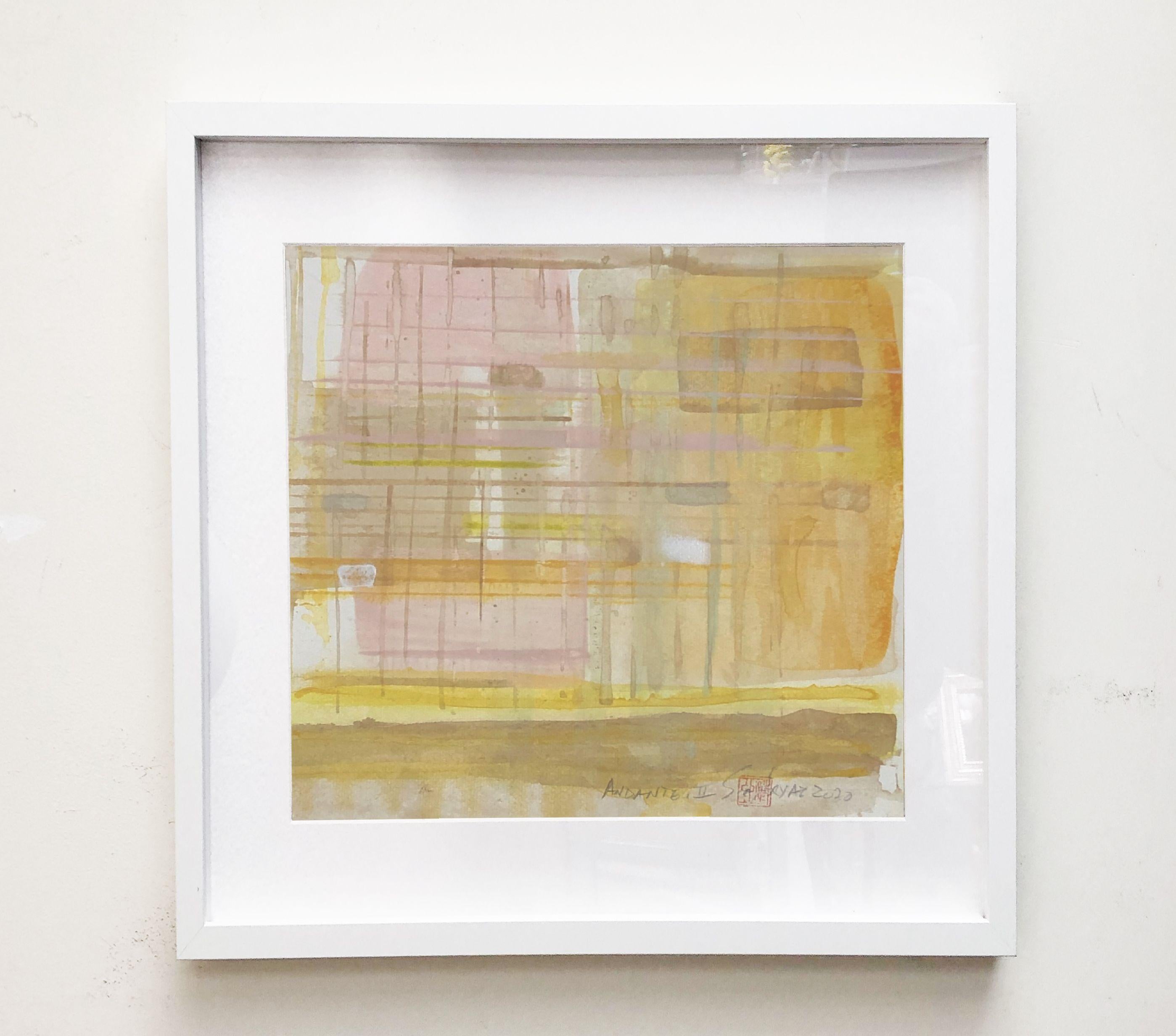 Andante. II Ready to Hang framed Original Abstract Painting  Yellow stands for playful and optimistic.   Shades of bold energetic yellow race across the palest white and beige background.   This lively original painting on heavy stock brings a pop