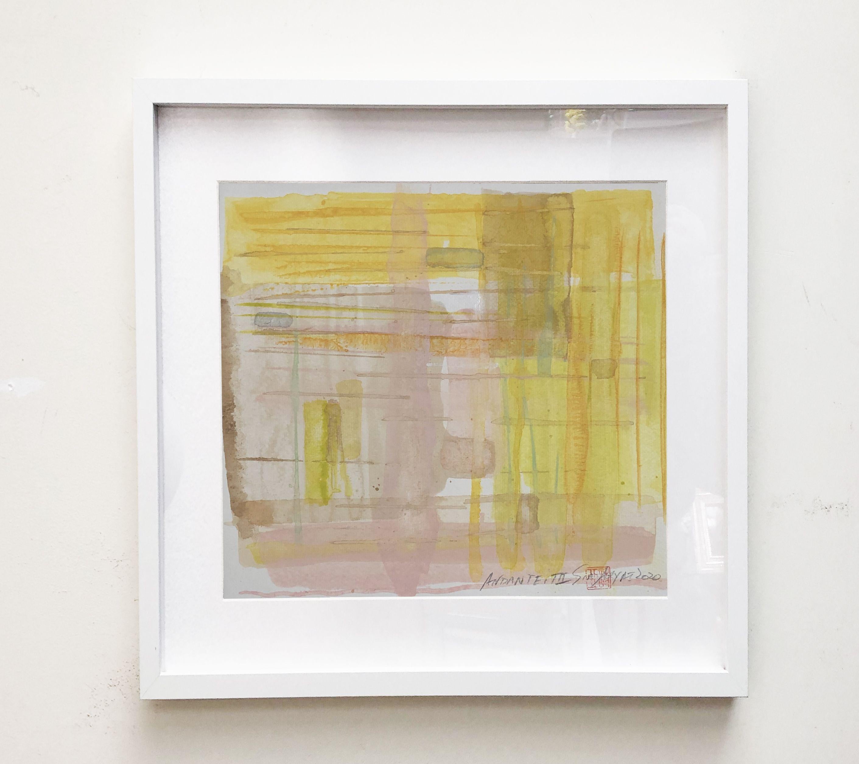 Andante. III Ready to Hang framed Original Abstract Painting  Yellow stands for playful and optimistic.   Shades of bold energetic yellow race across the palest white and beige background.   This lively original painting on heavy stock brings a pop