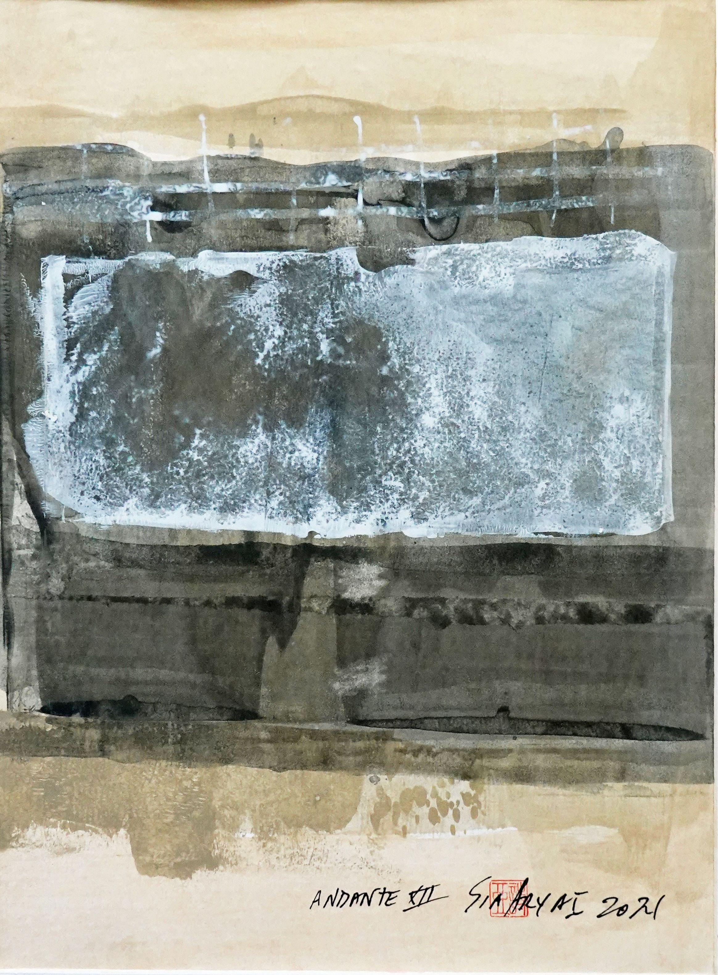Sia Aryai Abstract Painting – Andante XII, abstraktes, minimalistisches, gerahmtes Gemälde, Acryl auf Papier