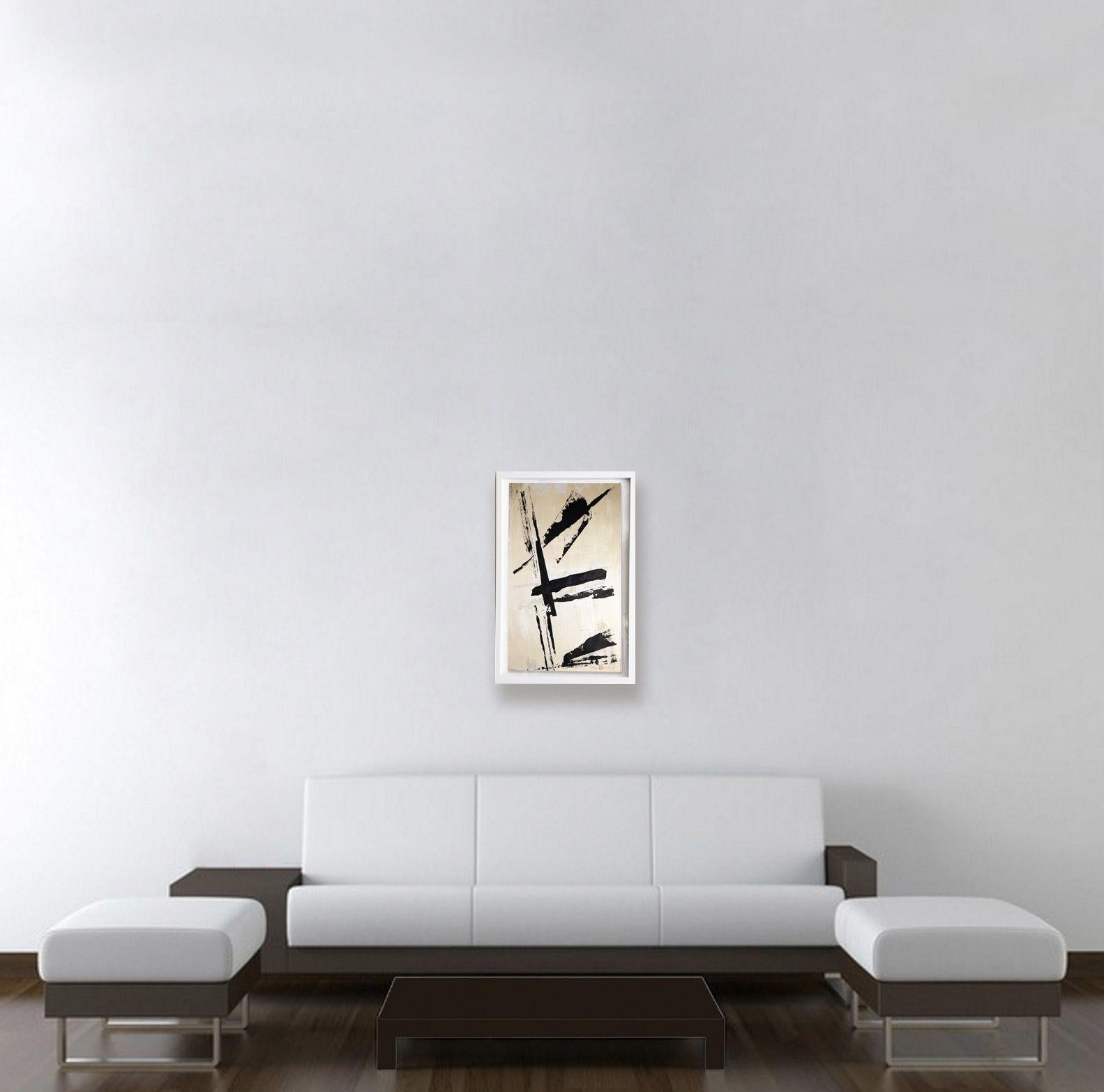 Aria. IX Quadro astratto minimale unico nel suo genere, incorniciato    Questo dipinto astratto unico nel suo genere ha un aspetto incredibile   in una cornice bianca.  Le splendide tonalità di nero si contrappongono   in questo dipinto astratto