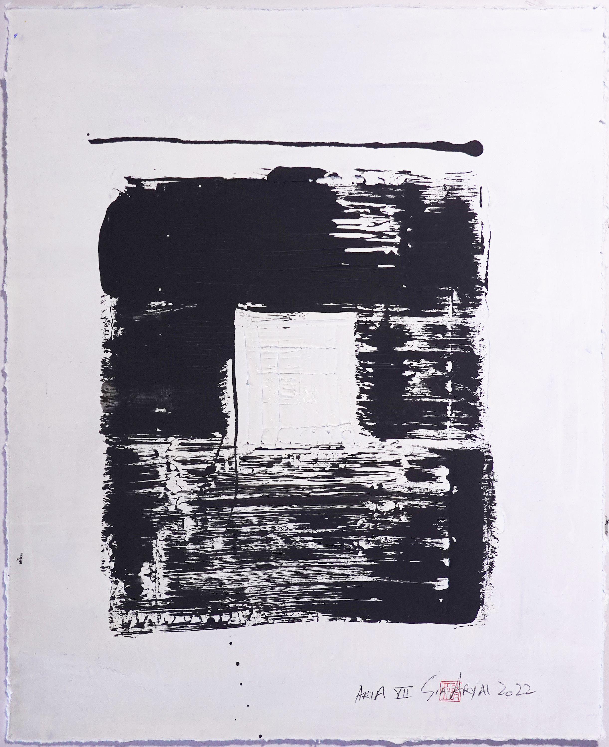 ARIA. VII  Peinture abstraite encadre en noir et blanc, peinture, acrylique sur papier - Painting de Sia Aryai