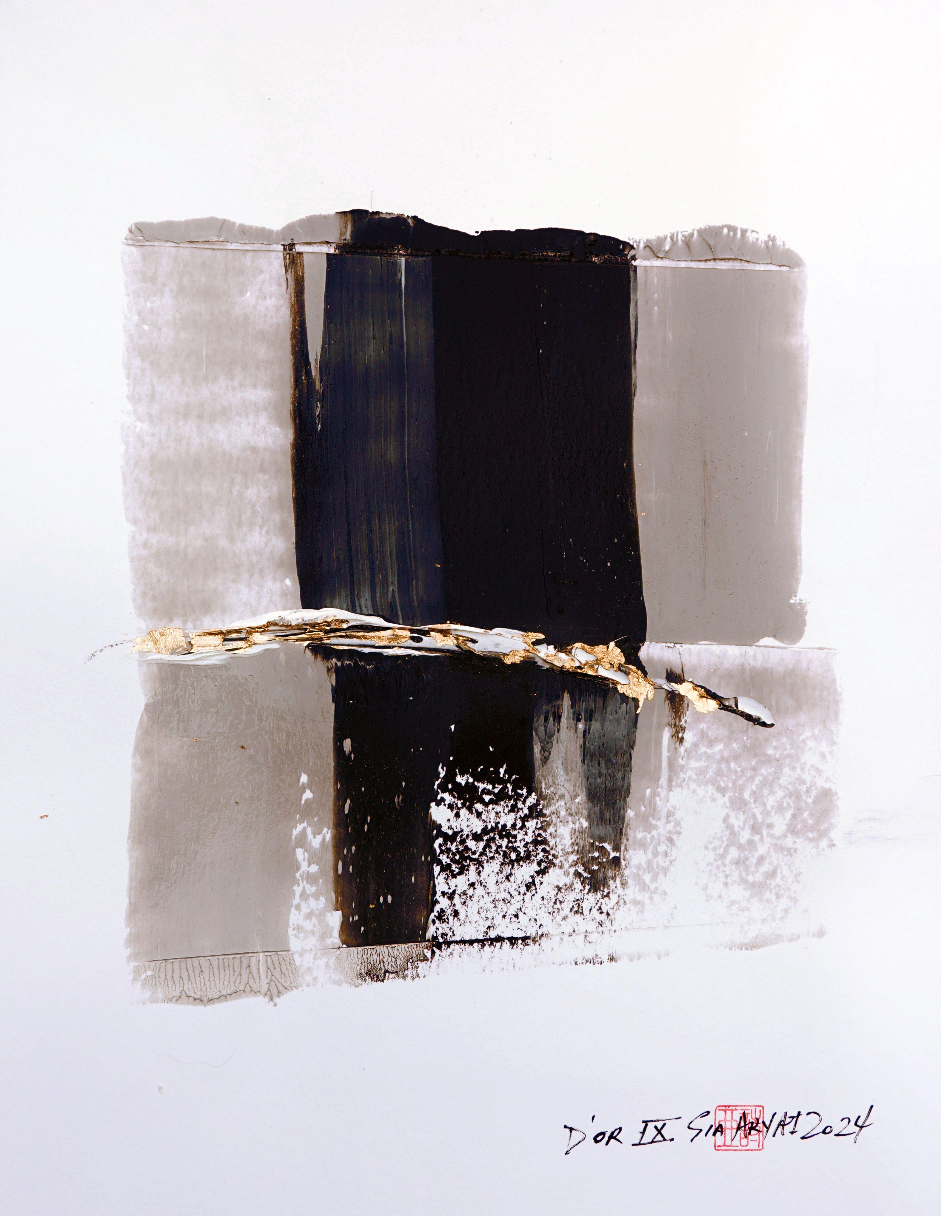 D'OR. IX Cuadro abstracto enmarcado en pan de oro/negro, Pintura, Acrílico sobre papel - Painting de Sia Aryai