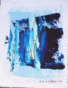 D'or. V Abstract gold leaf /blue framed painting, Painting, Acrylic on Paper