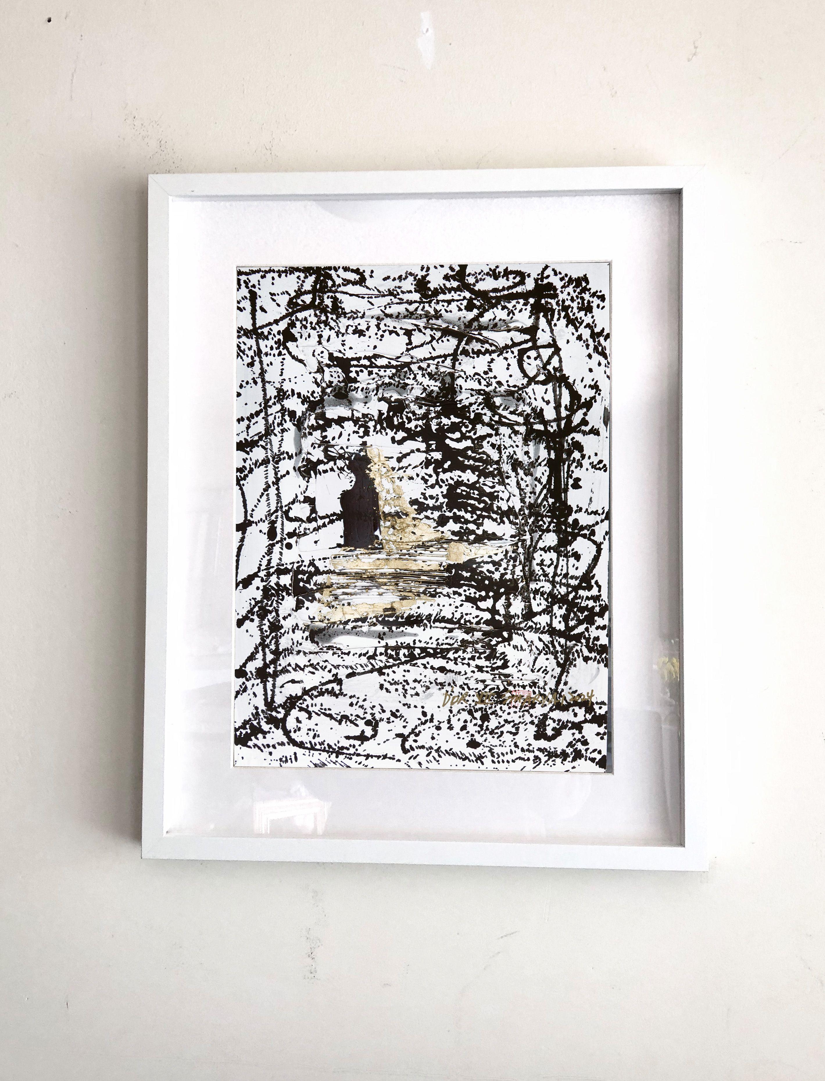 D'or.VII, peinture abstraite encadrée de feuilles d'or, peinture, acrylique sur papier - Expressionniste Painting par Sia Aryai