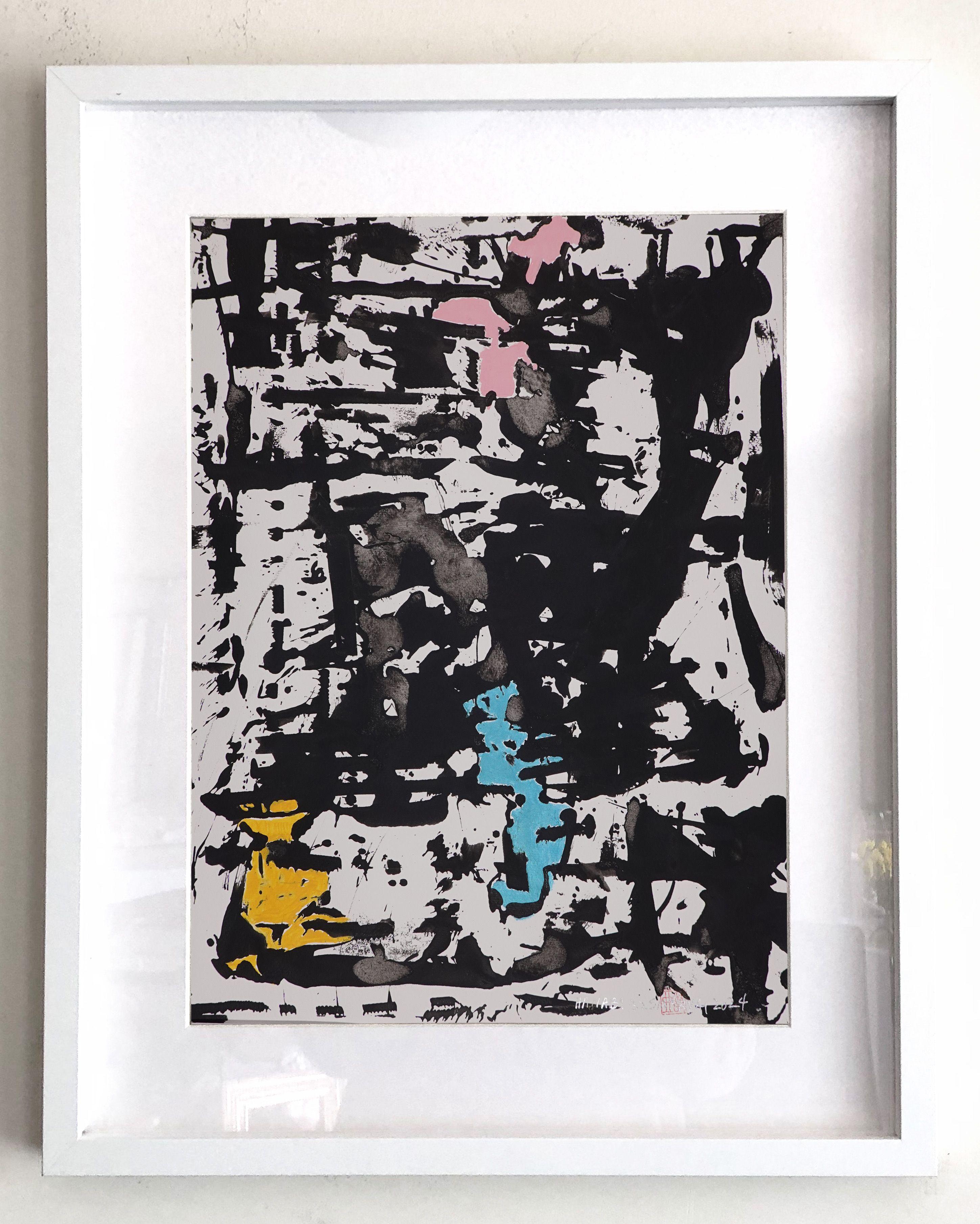 Hanabi. 32 Weißes gerahmtes abstraktes Gemälde, Acryl auf Papier (Surrealismus), Painting, von Sia Aryai