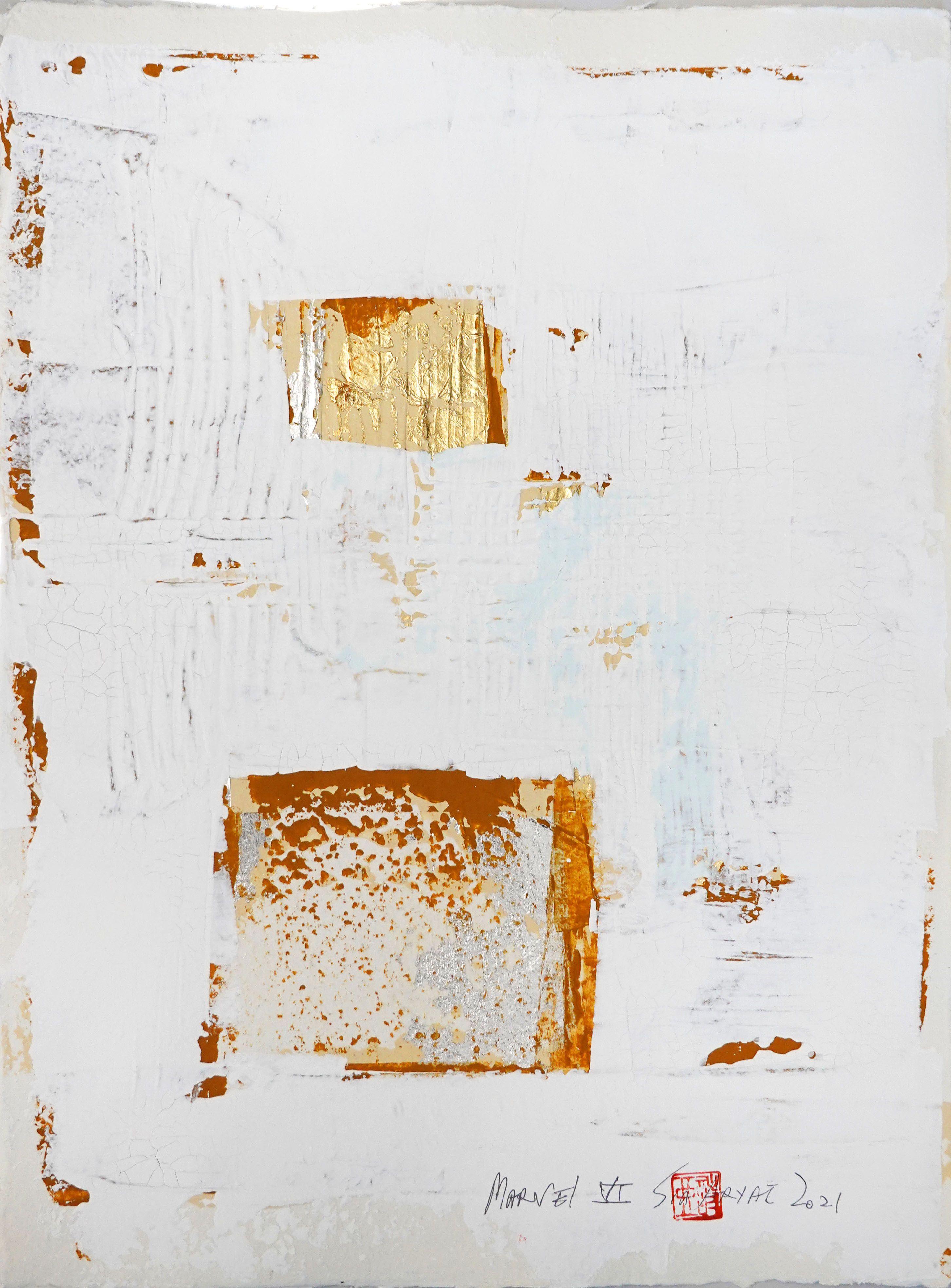 Marvel. VI Blattgold abstraktes gerahmtes Gemälde, Acryl auf Papier – Painting von Sia Aryai