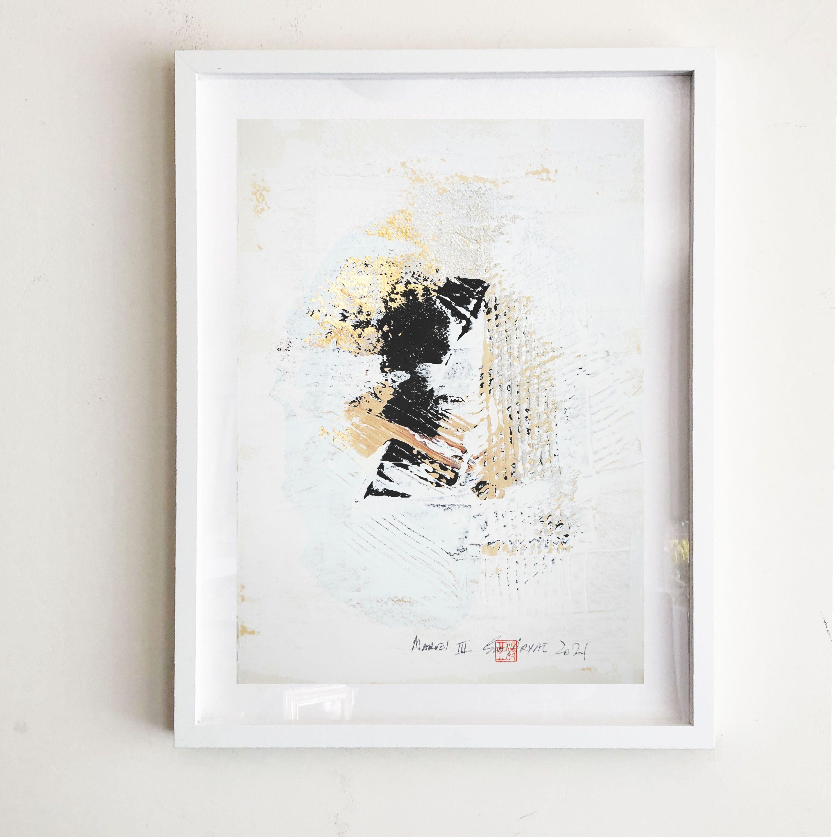 Gold leaf is brilliant for modern painting.   Brings to life elegant details that appear as an icon.    Painting is 12X16.5â€ acrylic with a dash of gold leaf with a twist   on heavyweight handmade paper     comes float mount custom-framed in a