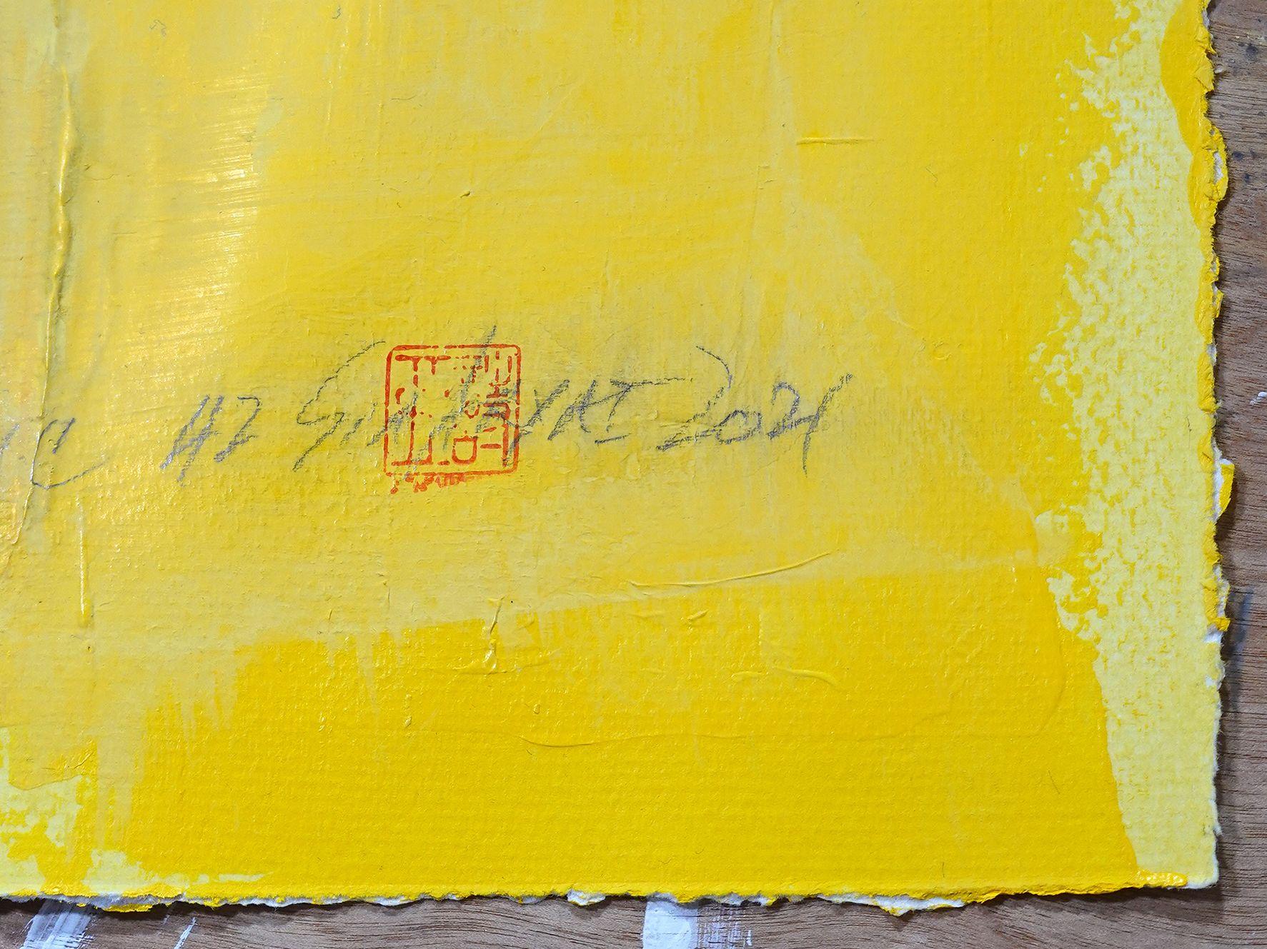 Mosaik 42 Abstraktes gelbes gerahmtes Bild, Malerei, Acryl auf Papier – Painting von Sia Aryai