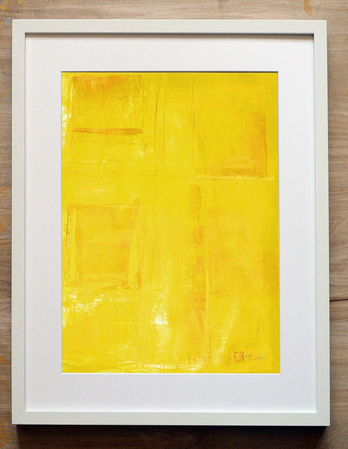 Mosaik 42 Abstraktes gelbes gerahmtes Bild, Malerei, Acryl auf Papier (Minimalistisch), Painting, von Sia Aryai