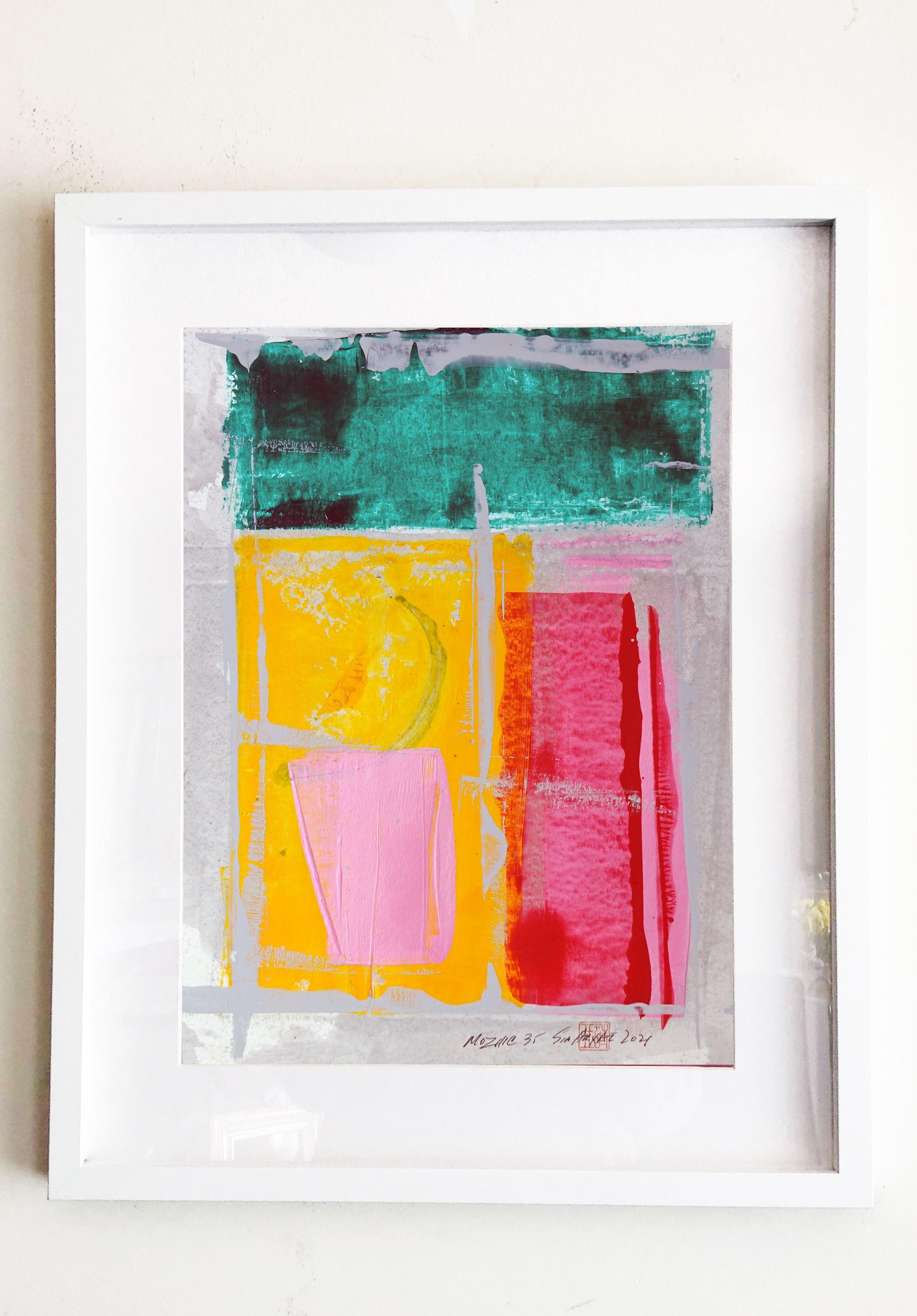 Mozaic 35 Quadro astratto unico nel suo genere con cornice, Pittura, Acrilico su carta - Painting di Sia Aryai
