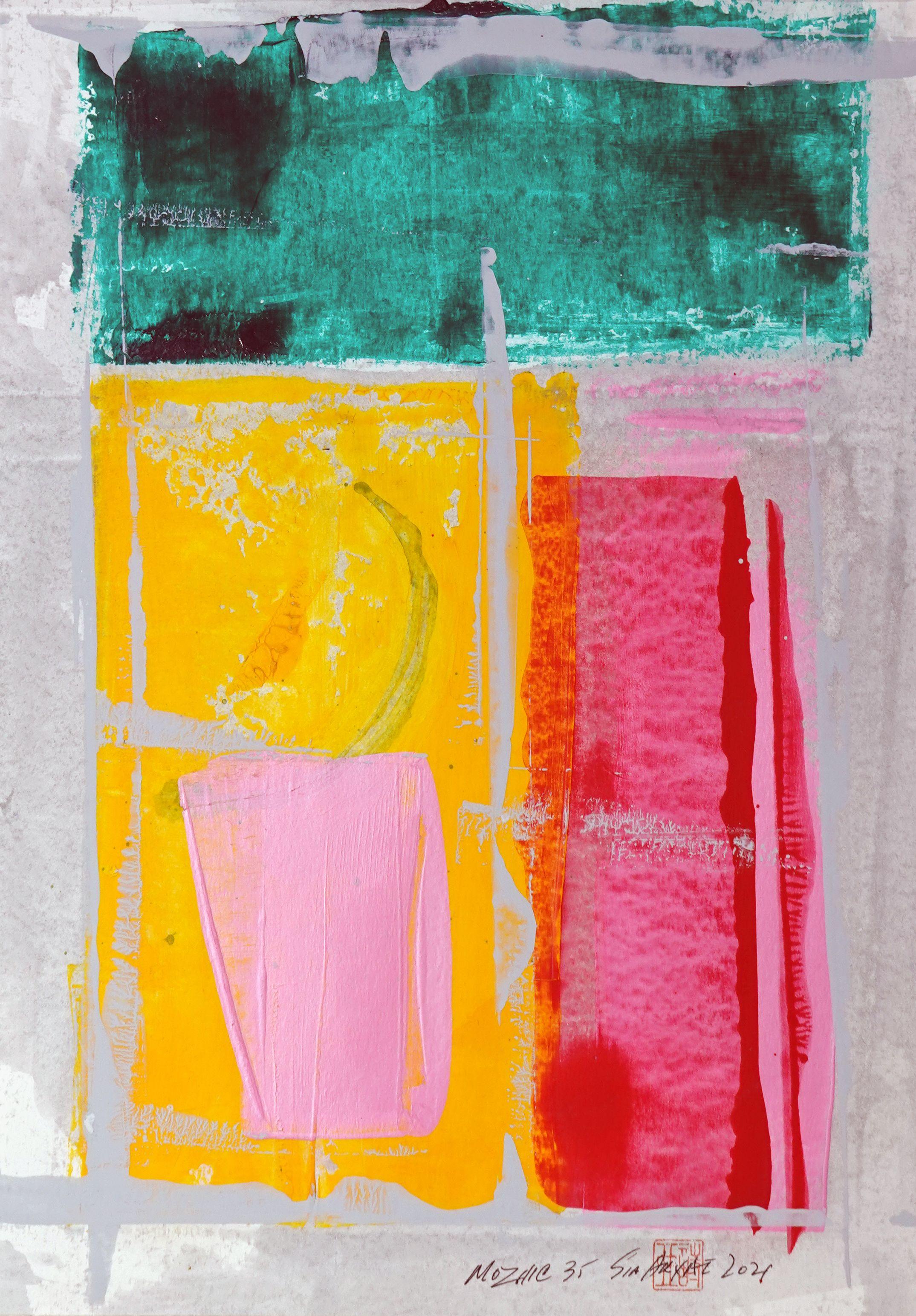 Abstract Painting di Sia Aryai - Mozaic 35 Quadro astratto unico nel suo genere con cornice, Pittura, Acrilico su carta