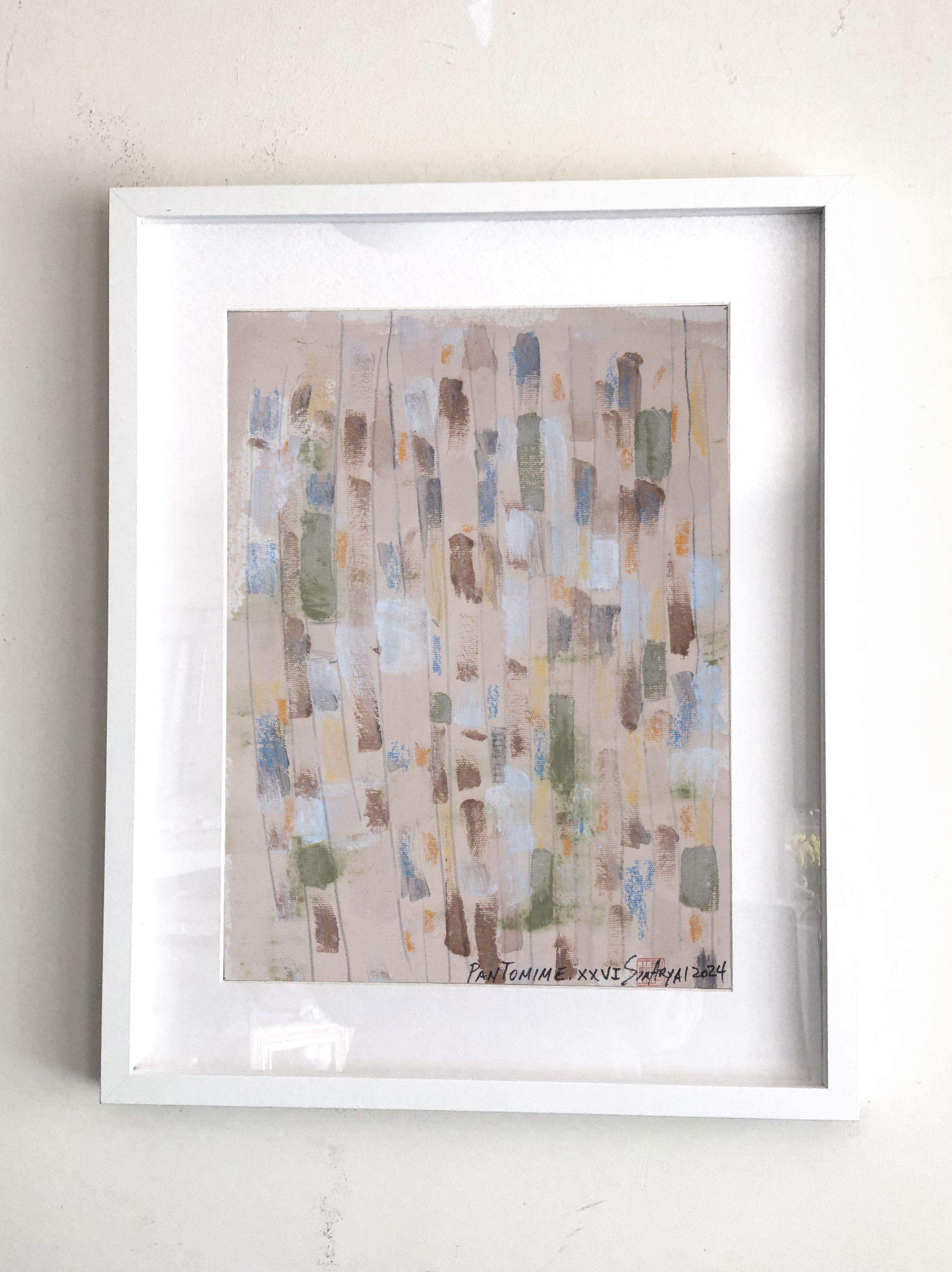 Pantomime. XXVI  White framed abstract multi color, Painting, Acrylic on Paper For Sale 2