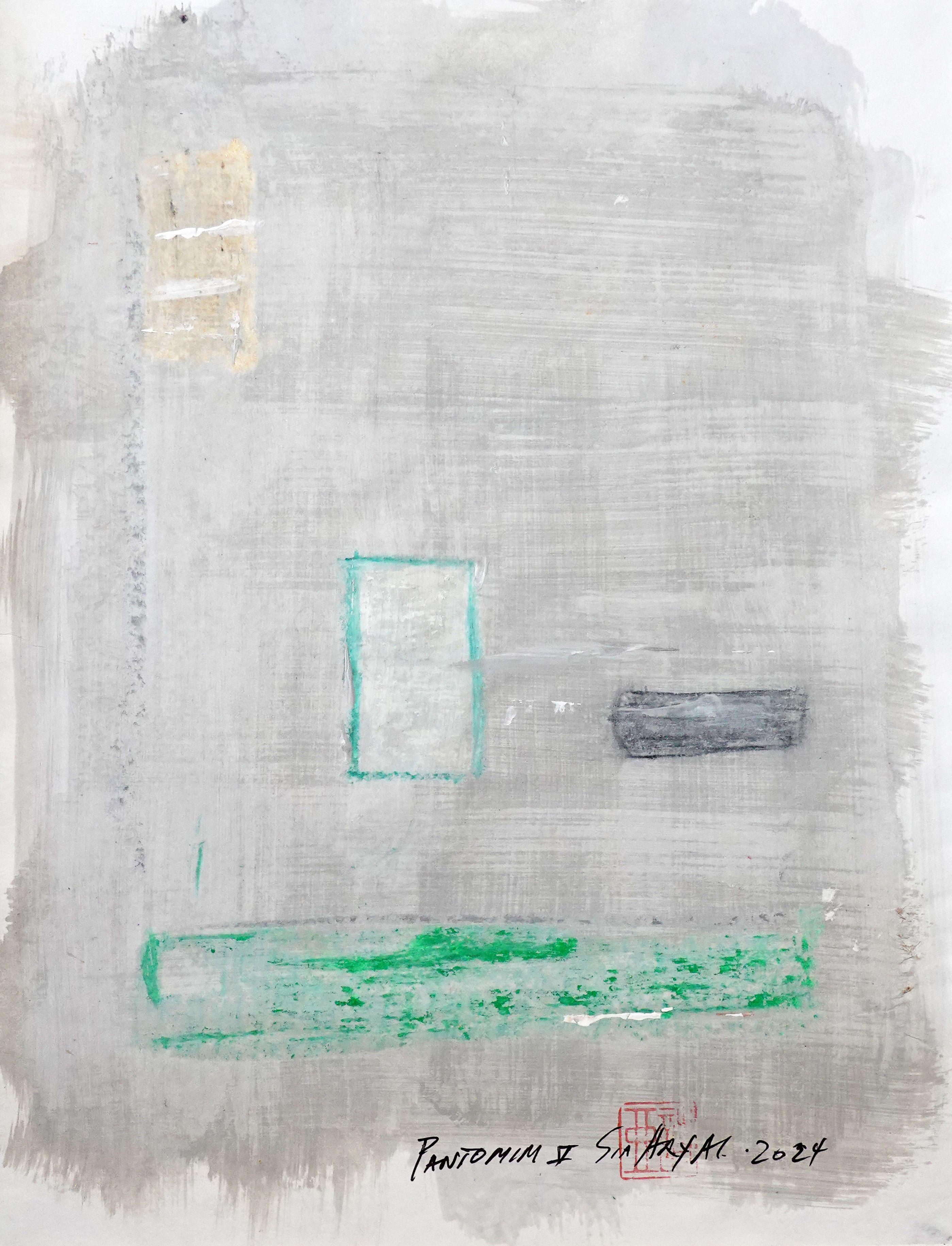 Pantomime.V Gerahmtes abstraktes grünes/graues Gemälde, Acryl auf Papier