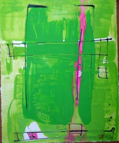Popcorn. XX Abstract silver framed green painting, Painting, Acrylic on Paper