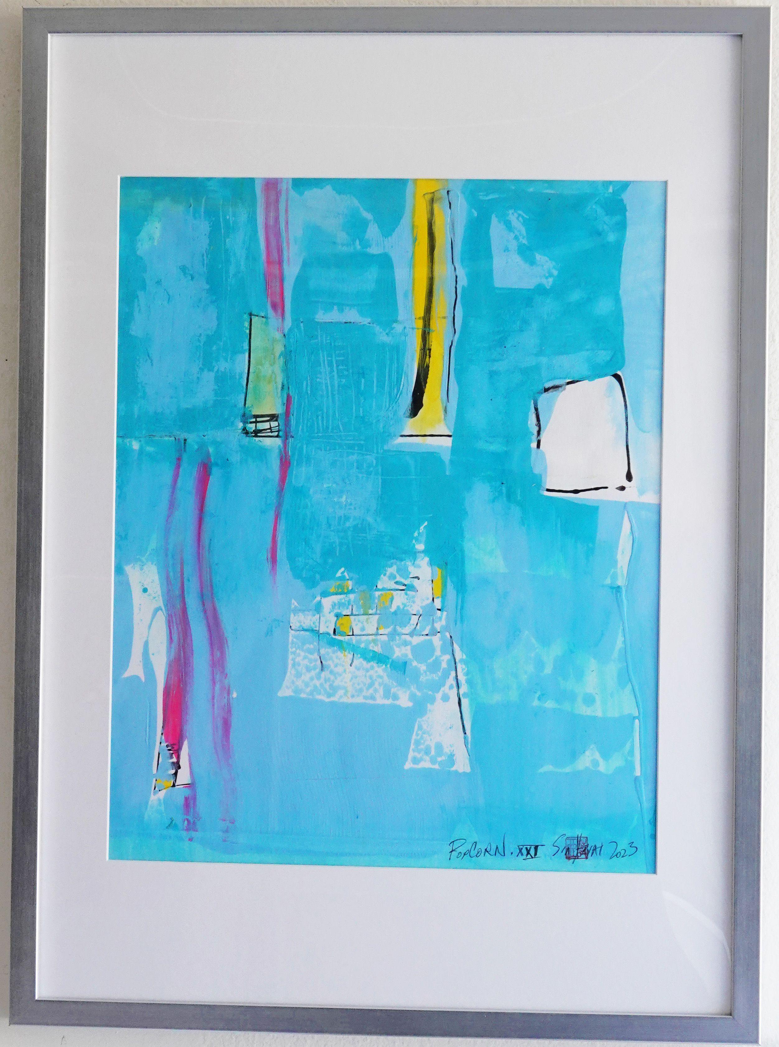 Palomitas de maíz. XXI  Cuadro abstracto azul con marco de plata, Pintura, Acrílico sobre Pastel S - Painting Expresionismo abstracto de Sia Aryai