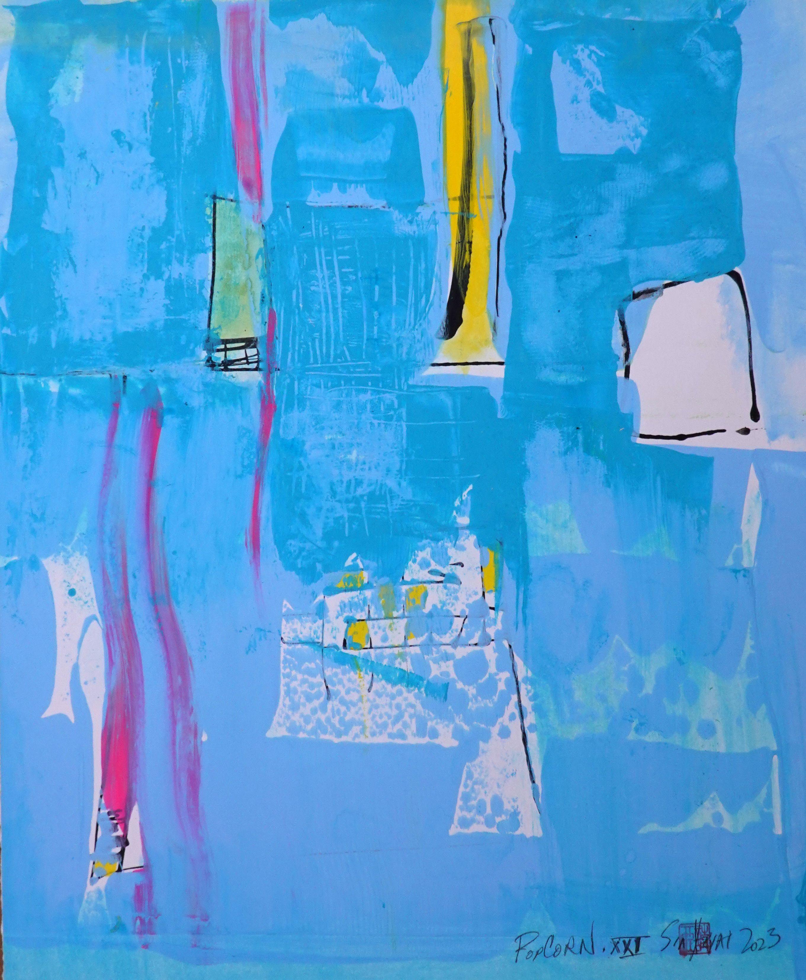 Palomitas de maíz. XXI  Cuadro abstracto azul con marco de plata, Pintura, Acrílico sobre Pastel S - Painting de Sia Aryai