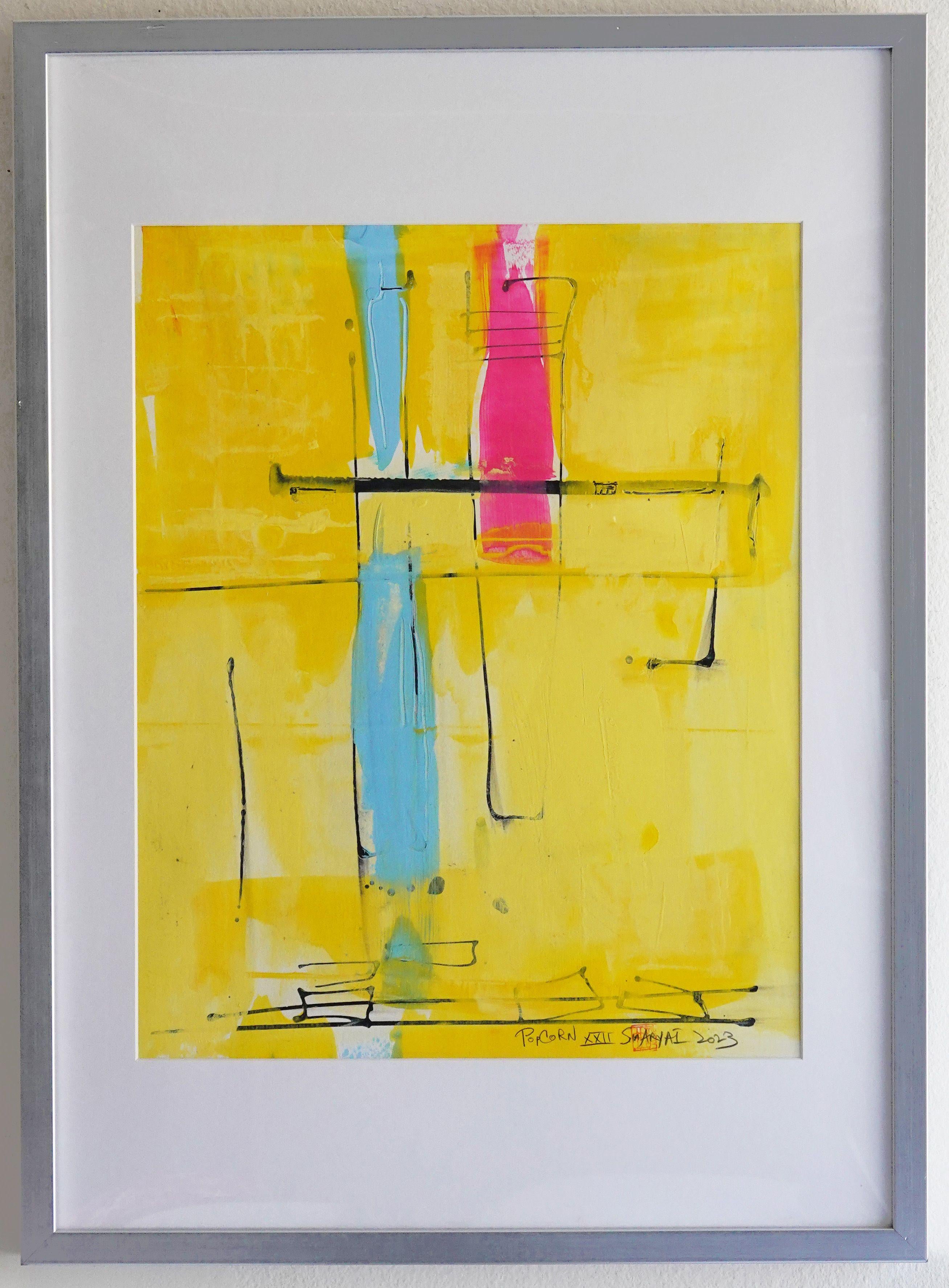 Palomitas de maíz. XXII Cuadro abstracto amarillo enmarcado, Pintura, Acrílico sobre papel en venta 1