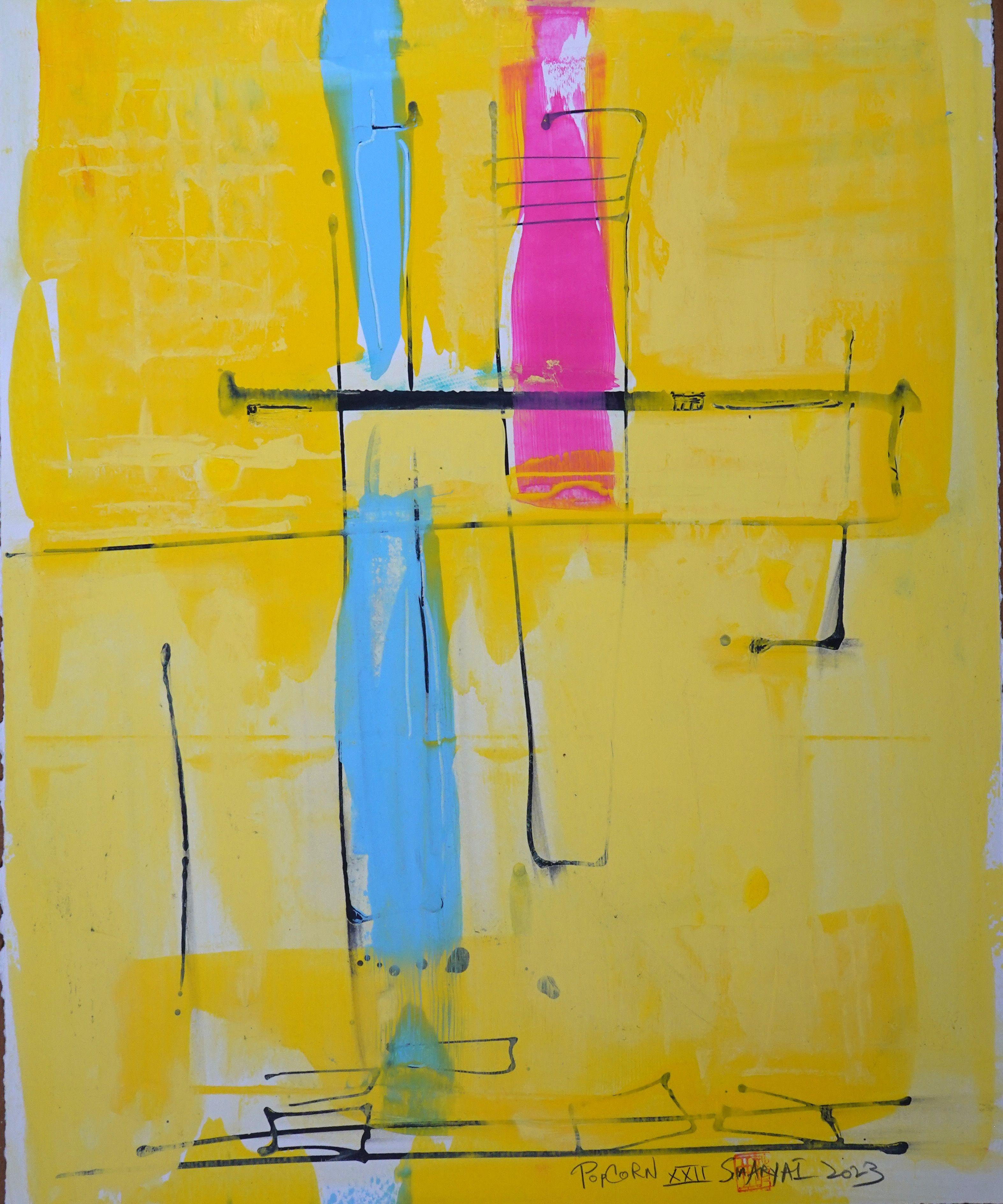 Palomitas de maíz. XXII Cuadro abstracto amarillo enmarcado, Pintura, Acrílico sobre papel - Painting de Sia Aryai