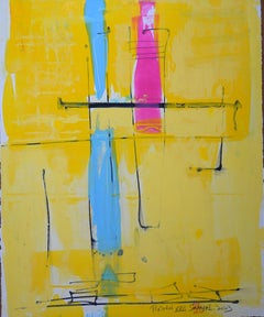 Popcorn. XXII Abstract framed yellow painting, Painting, Acrylic on Paper