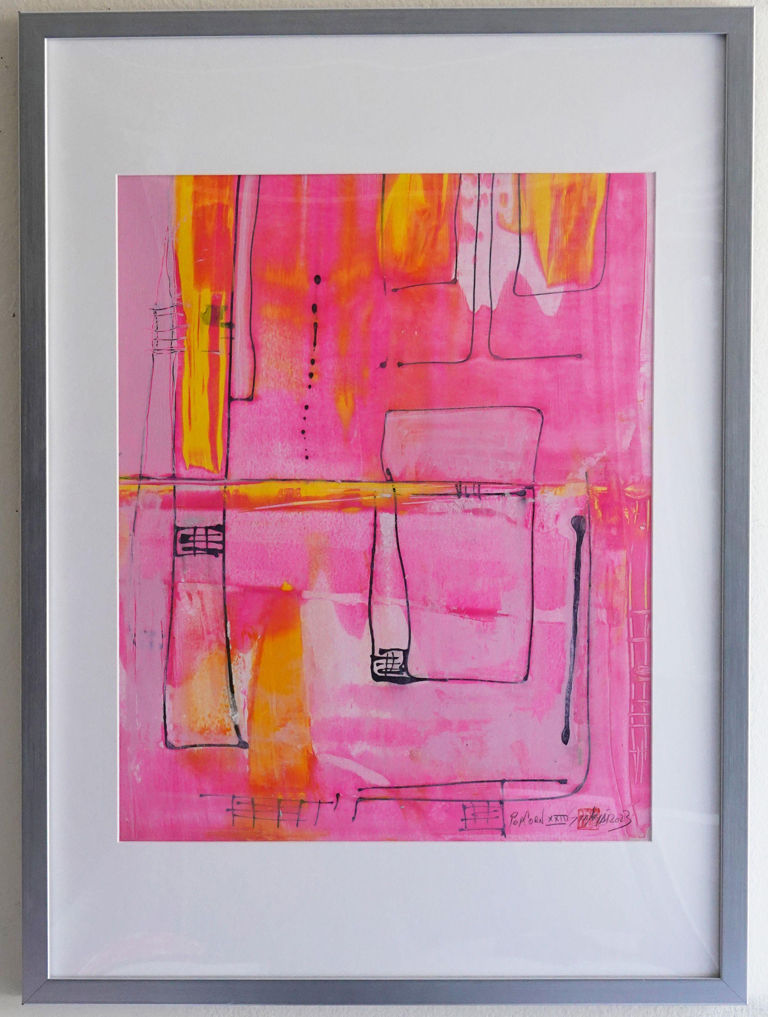 Palomitas de maíz.XXIII Cuadro abstracto enmarcado en plata rosa, Pintura, Acrílico sobre papel - Painting Expresionismo abstracto de Sia Aryai