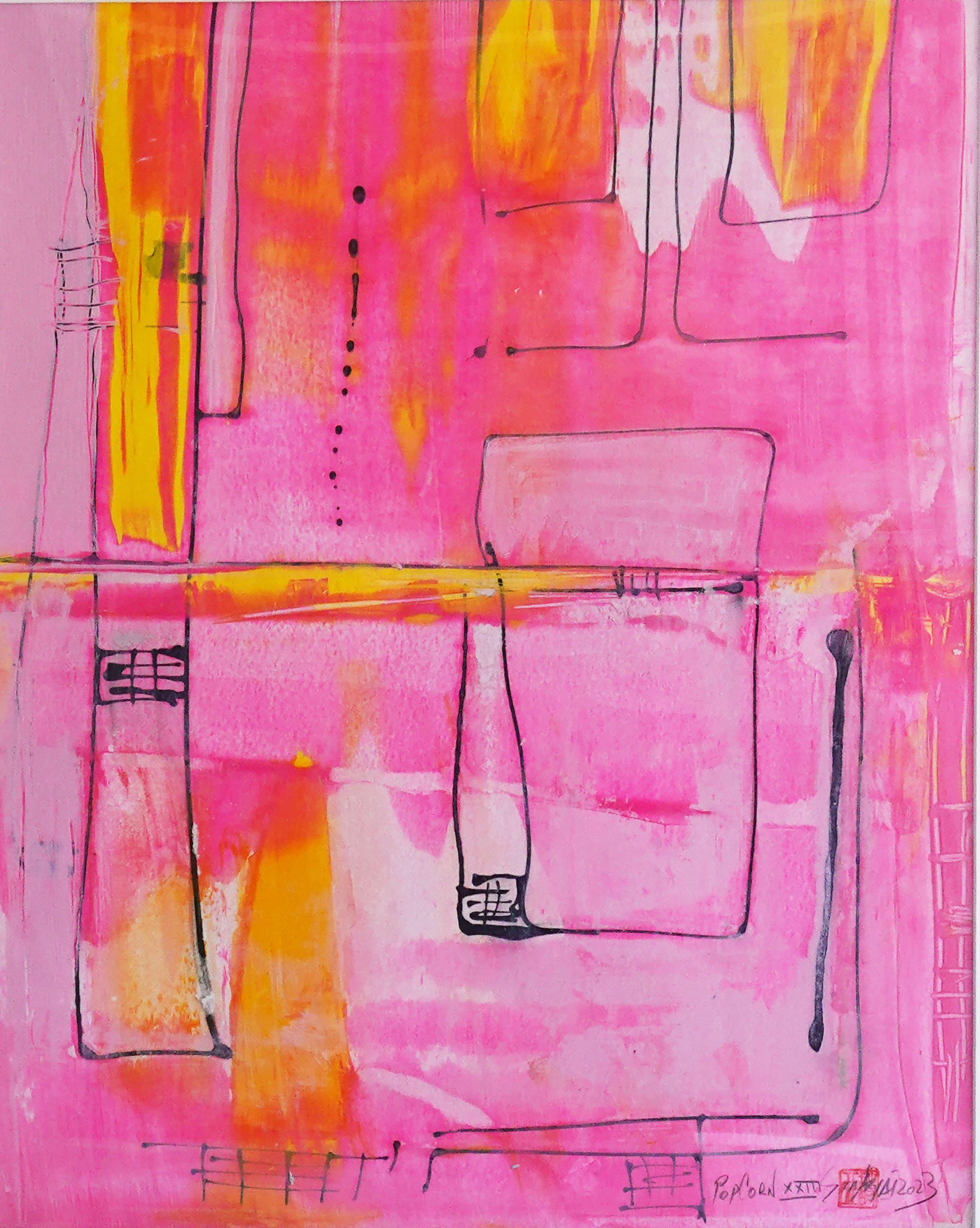 Palomitas de maíz.XXIII Cuadro abstracto enmarcado en plata rosa, Pintura, Acrílico sobre papel - Painting de Sia Aryai