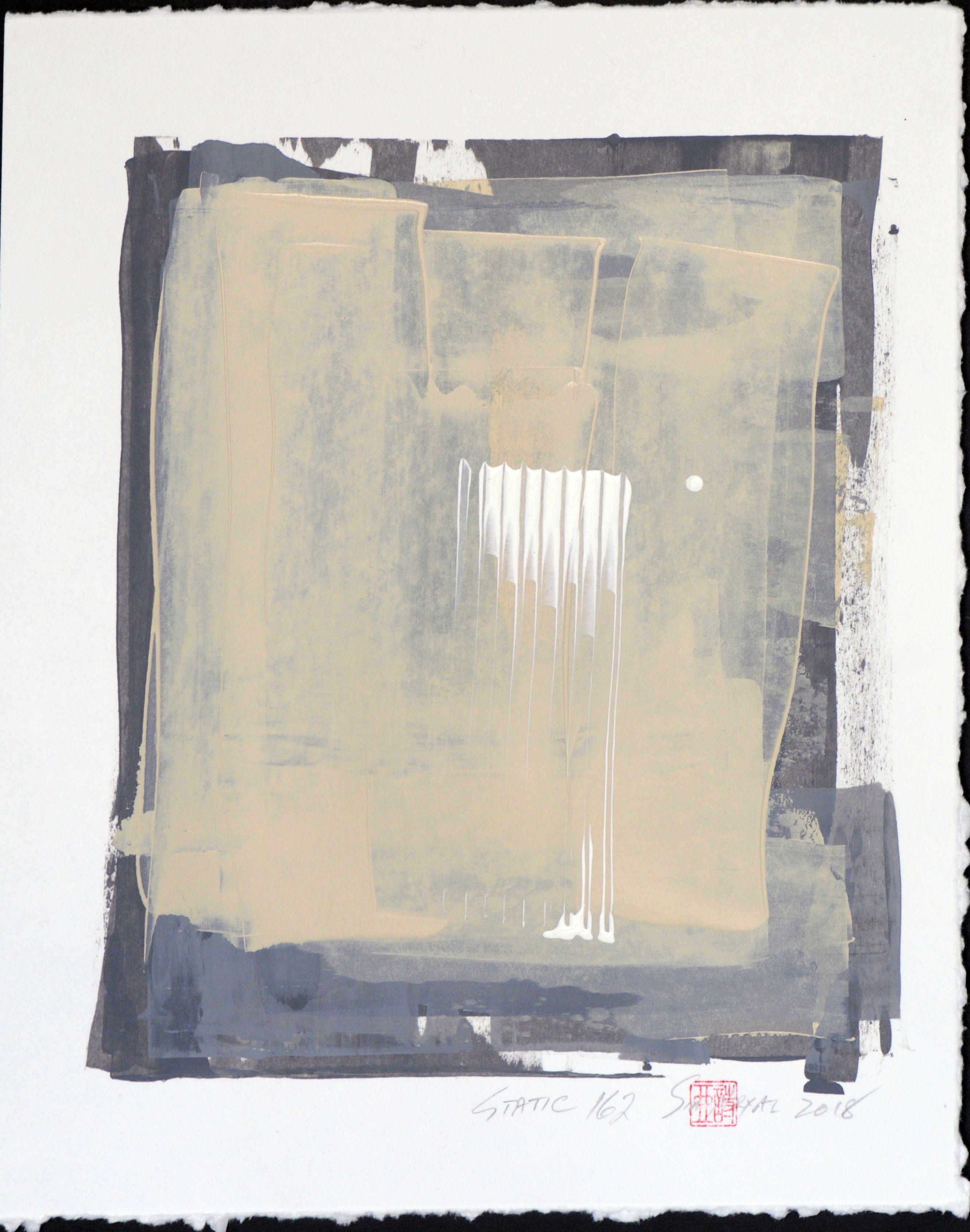 Bold energetic white race across the palest beige background. This lively original   painting on heavy stock brings a pop of life to any room. See the others in the series, too, to   create a dramatic grouping.    Painting is 12X16â€
