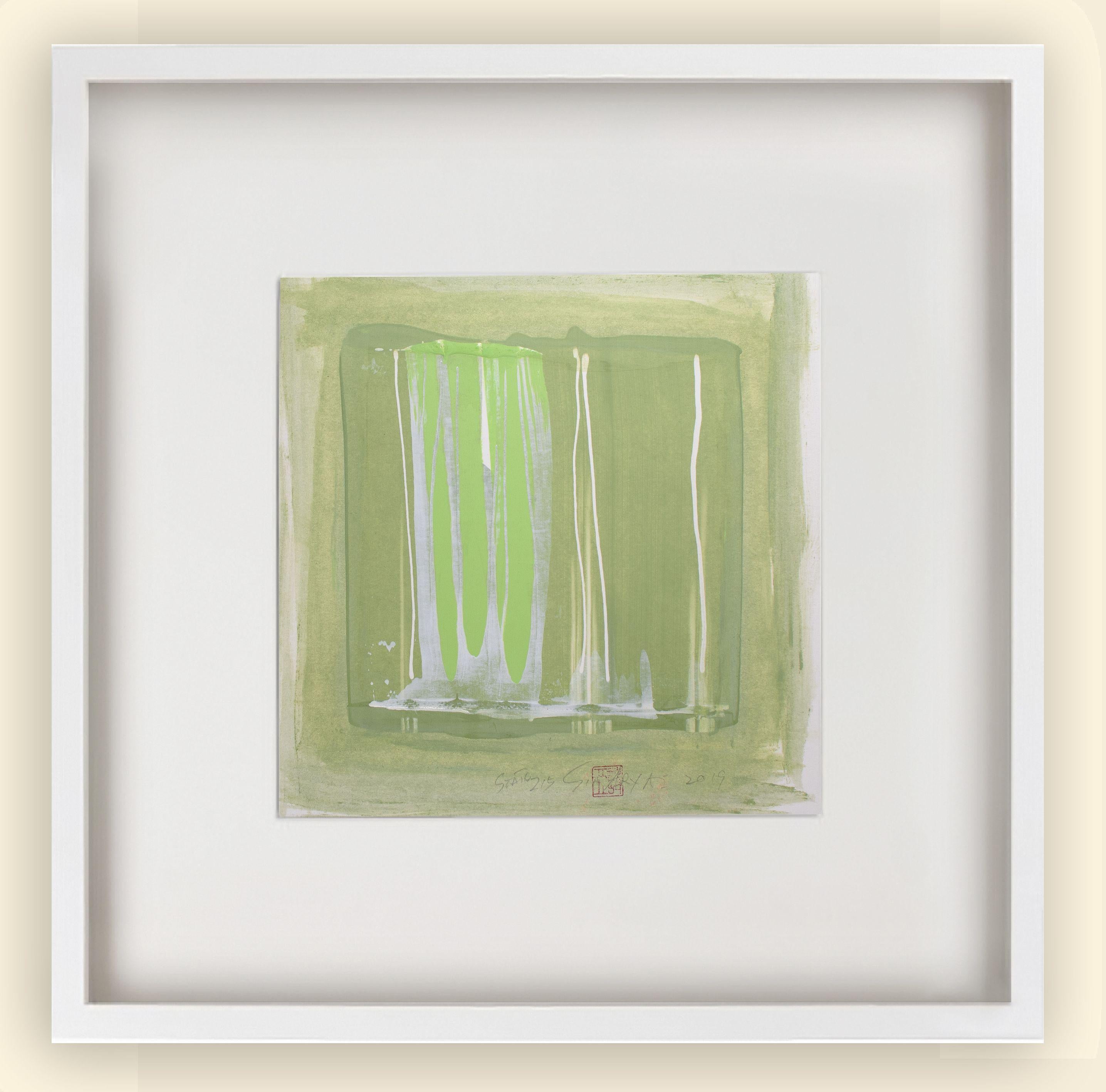 Stunning shades of green are contrasted in this one of a kind abstract painting.   This piece is deckled and floated on  a white mat and frame.   Painting is 12X12