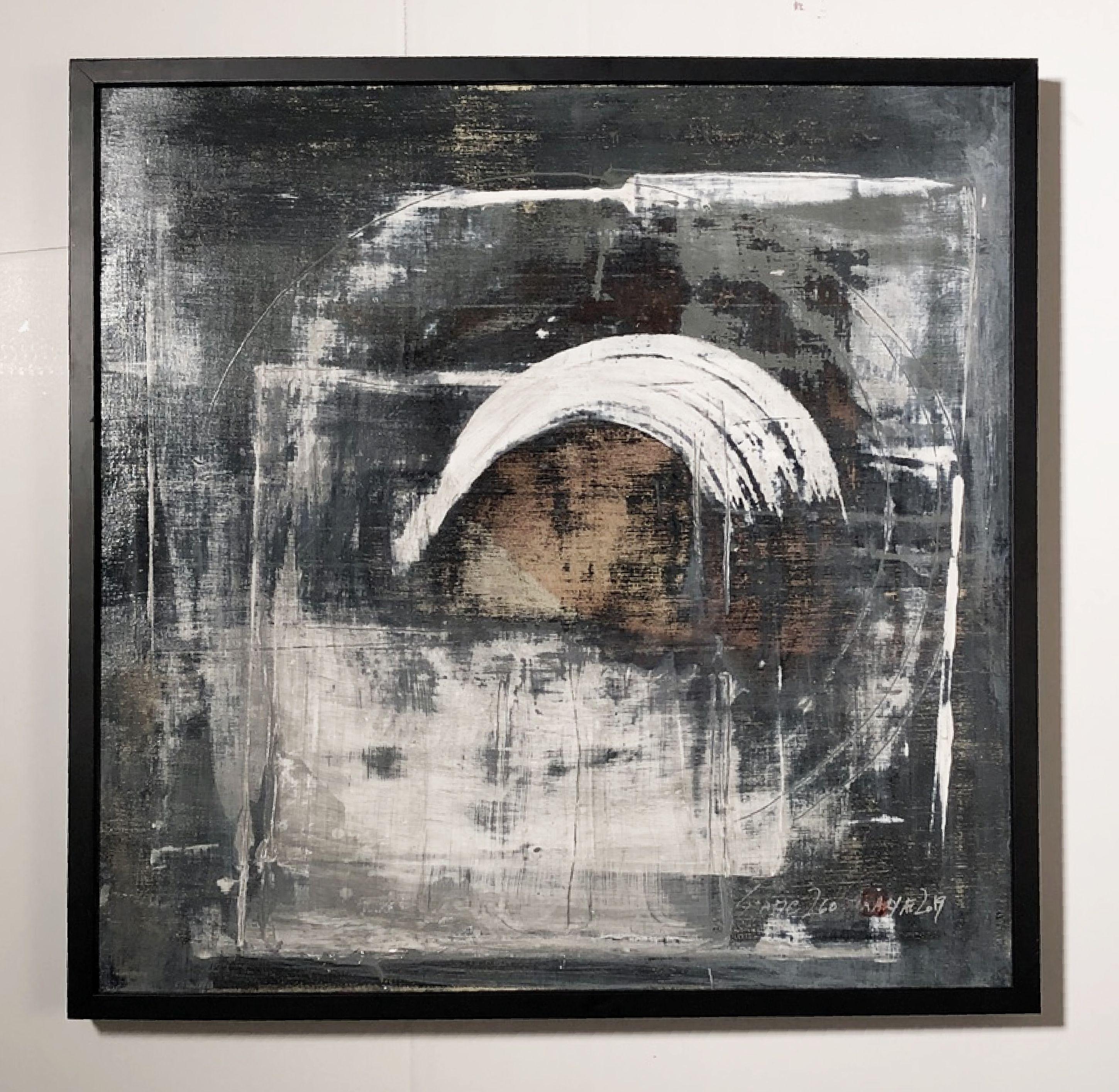 Elegant, heavyweight canvas is treated with multiple layers of varnish, hand painted with acrylic ink aged by sanding to create visual metaphors.   Stunning shades of white and gray are contrasted in this one of a kind abstract painting  Painting is
