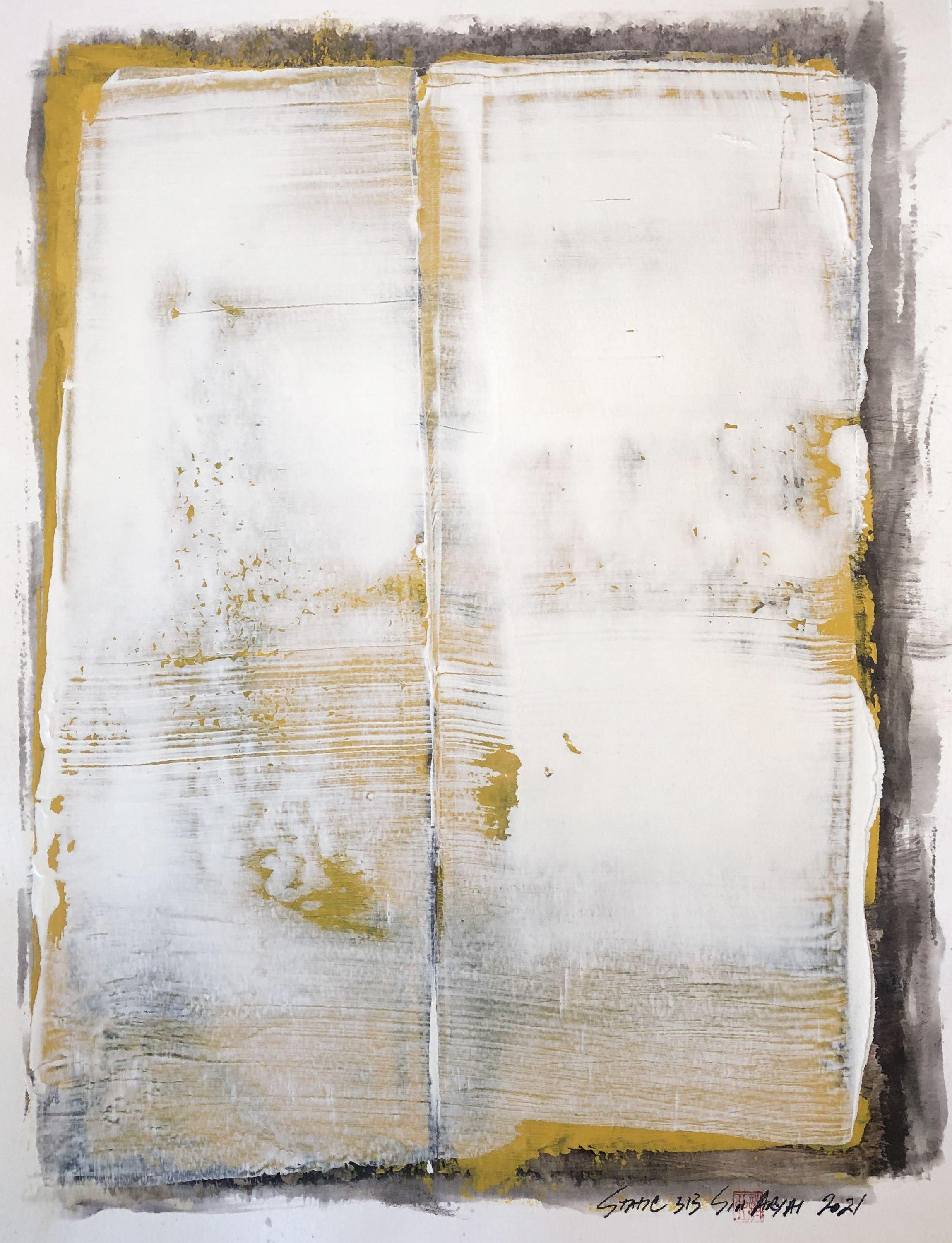 Estática 313 amarillo profundo silencioso cuadro enmarcado, Pintura, Acrílico sobre papel - Painting de Sia Aryai