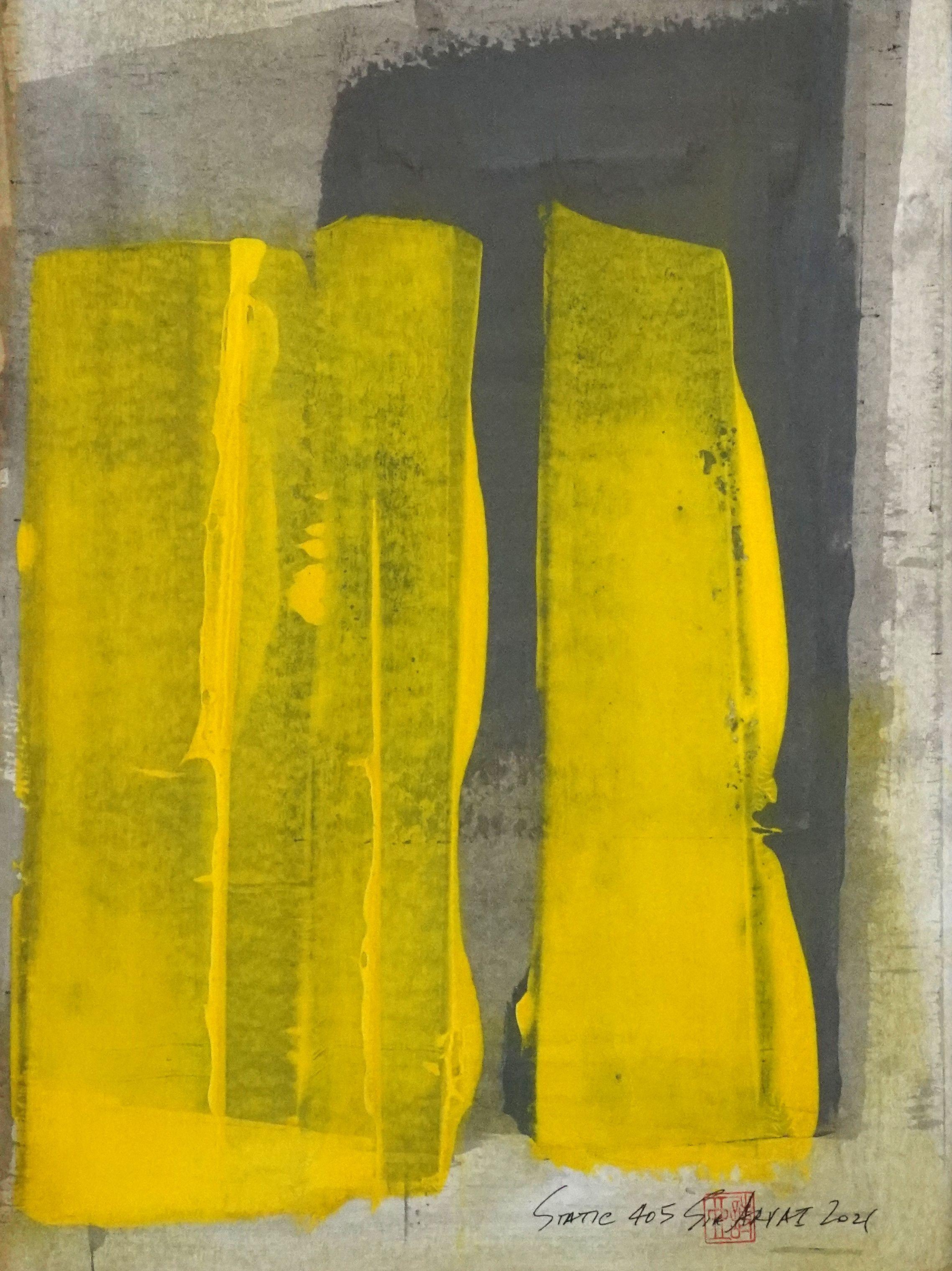Sia Aryai Abstract Painting – Static 405 leuchtendes abstraktes gelbes gerahmtes Gemälde, Acryl auf Papier