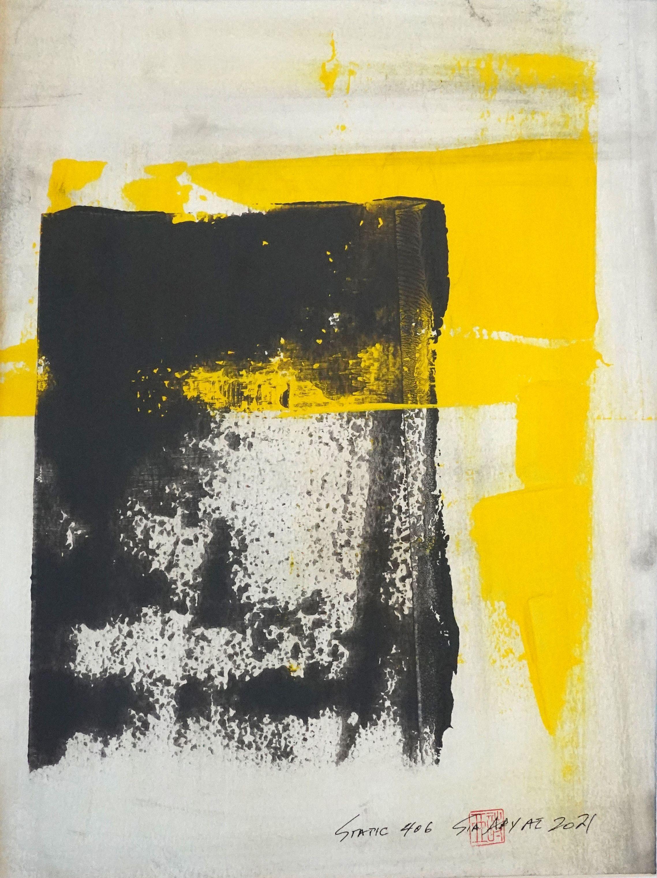 Sia Aryai Abstract Painting – Static 406 Auffälliges abstrahiertes gelbes gerahmtes Gemälde, Acryl auf Papier
