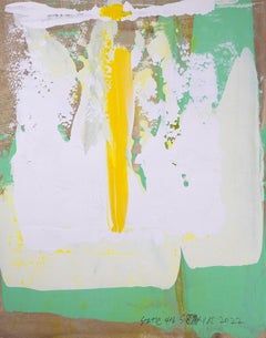 Peinture abstraite Static 416 encadrée vert/jaune, peinture, acrylique sur papier