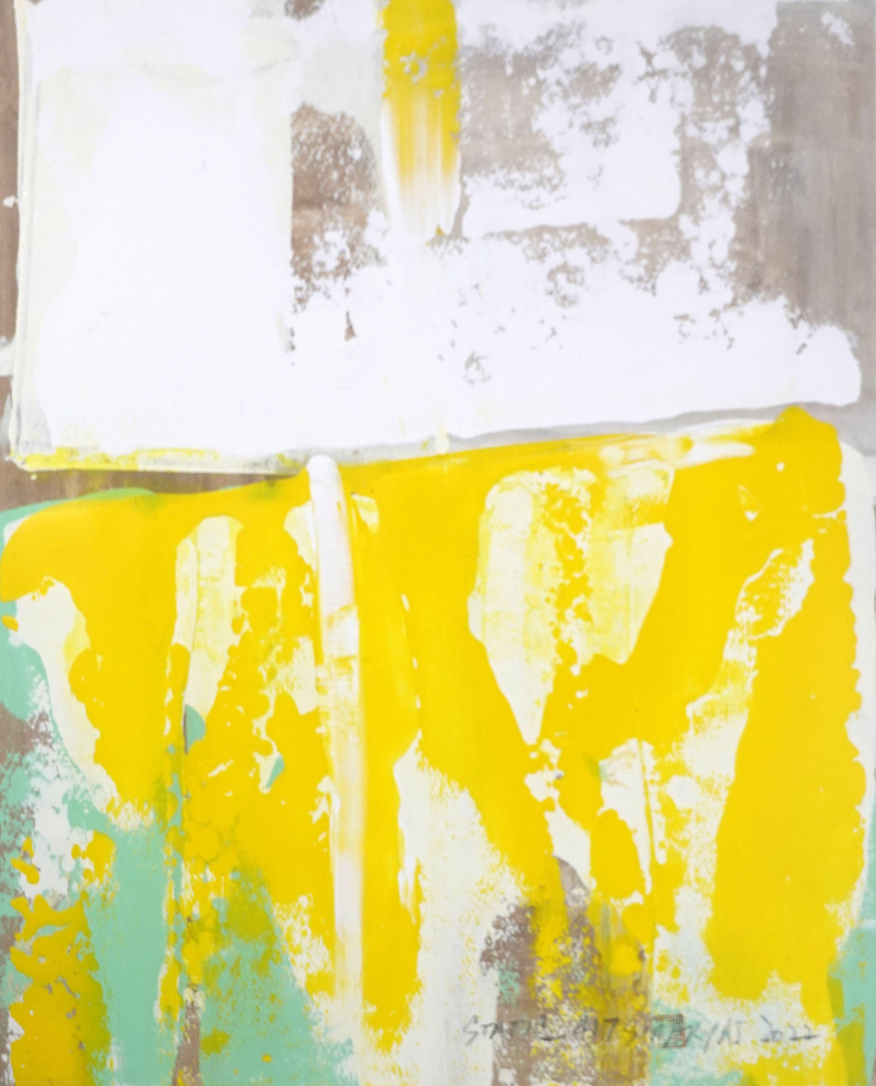 Static 417 Abstraktes gerahmtes modernes gelbes Gemälde, Acryl auf Papier – Painting von Sia Aryai