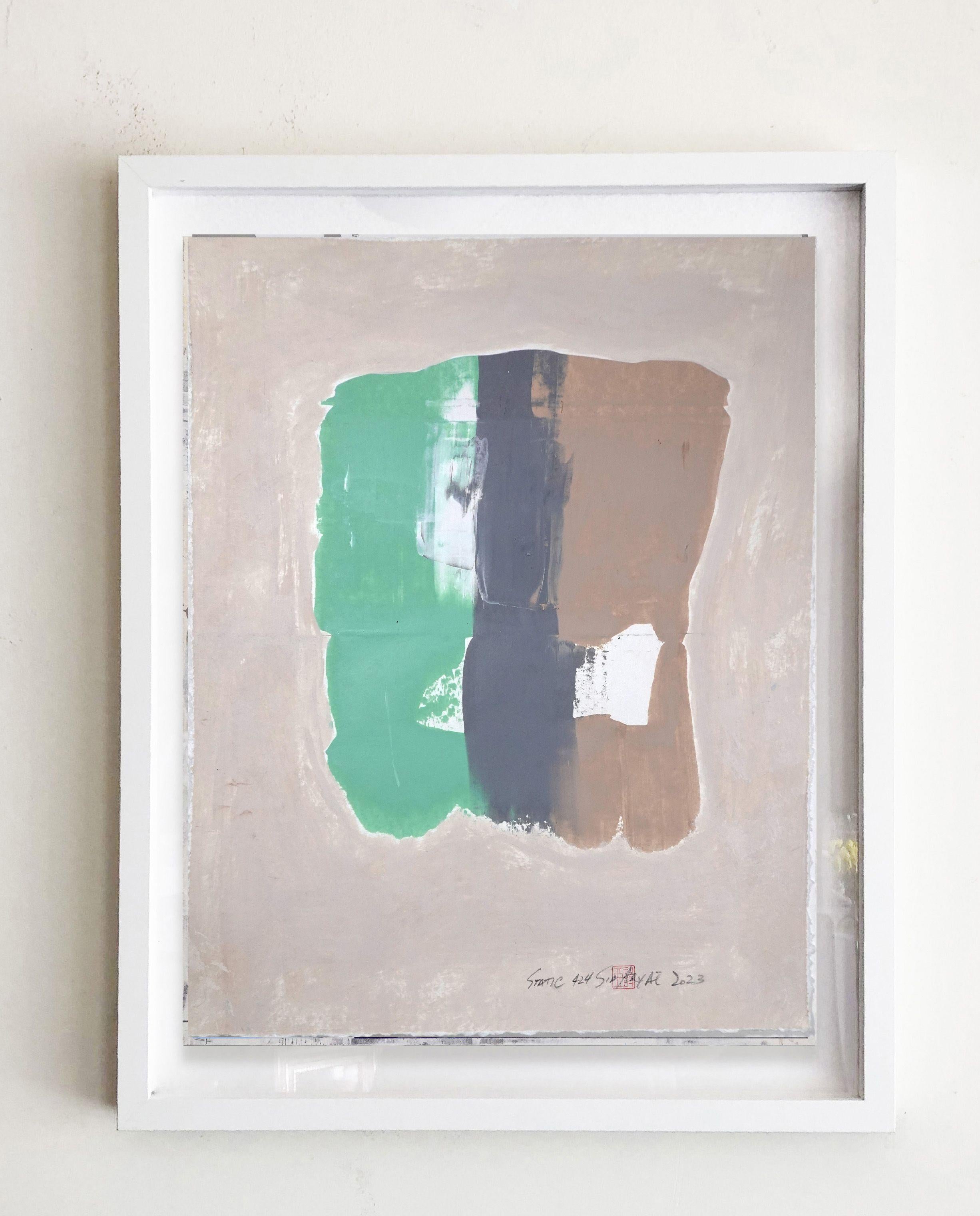 Static 424 Abstraktes gerahmtes braun/grünes Gemälde, Malerei, Acryl auf Papier im Angebot 1