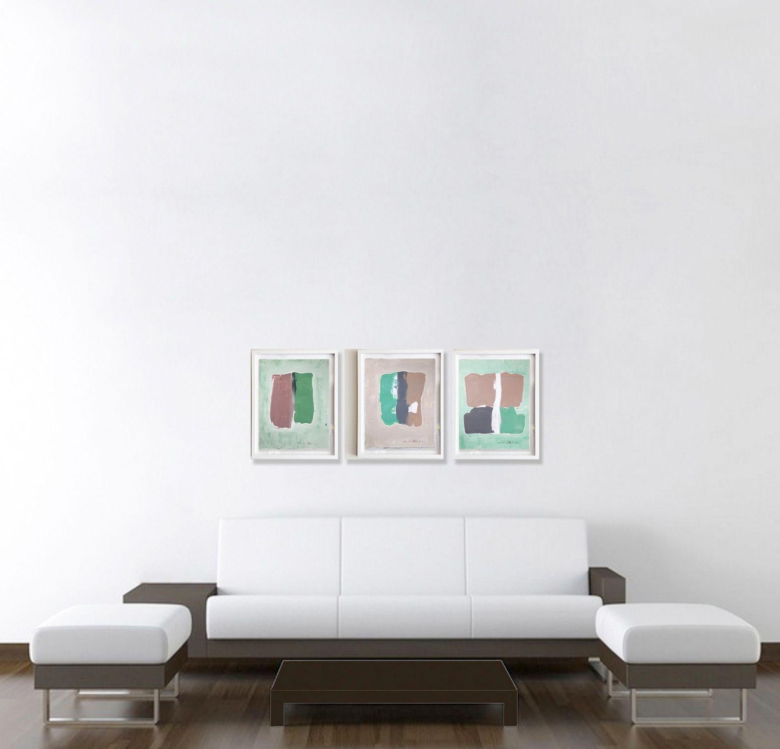 Static 424 Abstraktes gerahmtes braun/grünes Gemälde, Malerei, Acryl auf Papier im Angebot 2