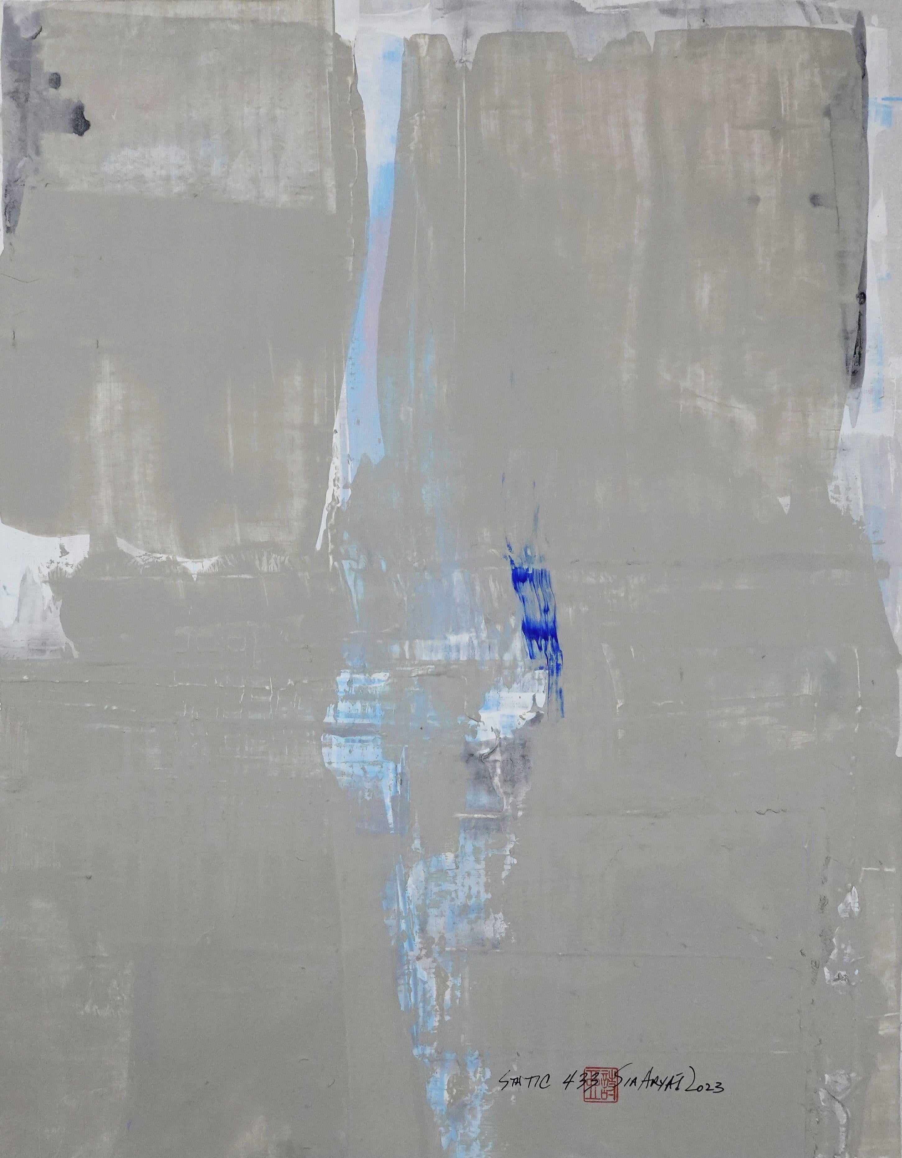 Static 433 Abstraktes kobaltblaues gerahmtes Gemälde, Acryl auf Papier – Painting von Sia Aryai