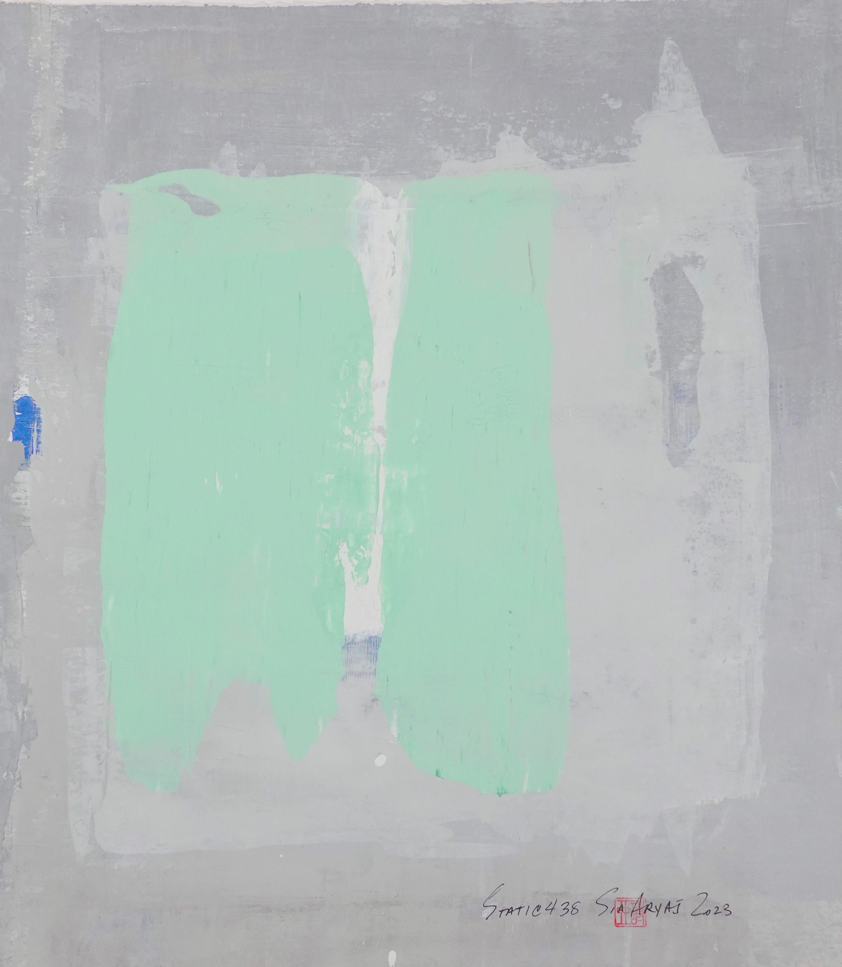 Abstract Painting Sia Aryai - Peinture abstraite verte statique encadrée 438, peinture, acrylique sur papier