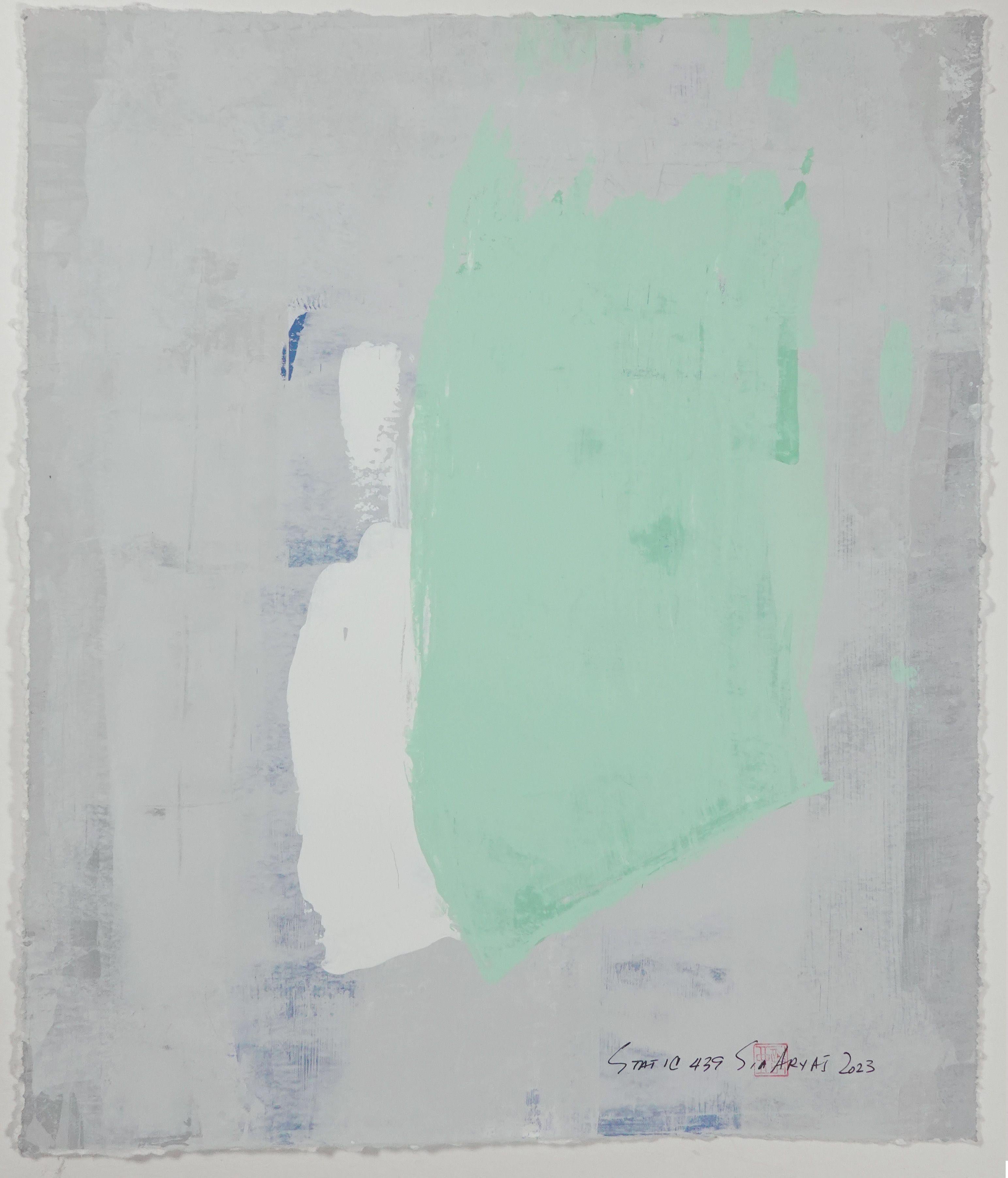 Static 439 Abstrakte, einzigartige, gerahmte grüne Kunst, Gemälde, Acryl auf Papier – Painting von Sia Aryai