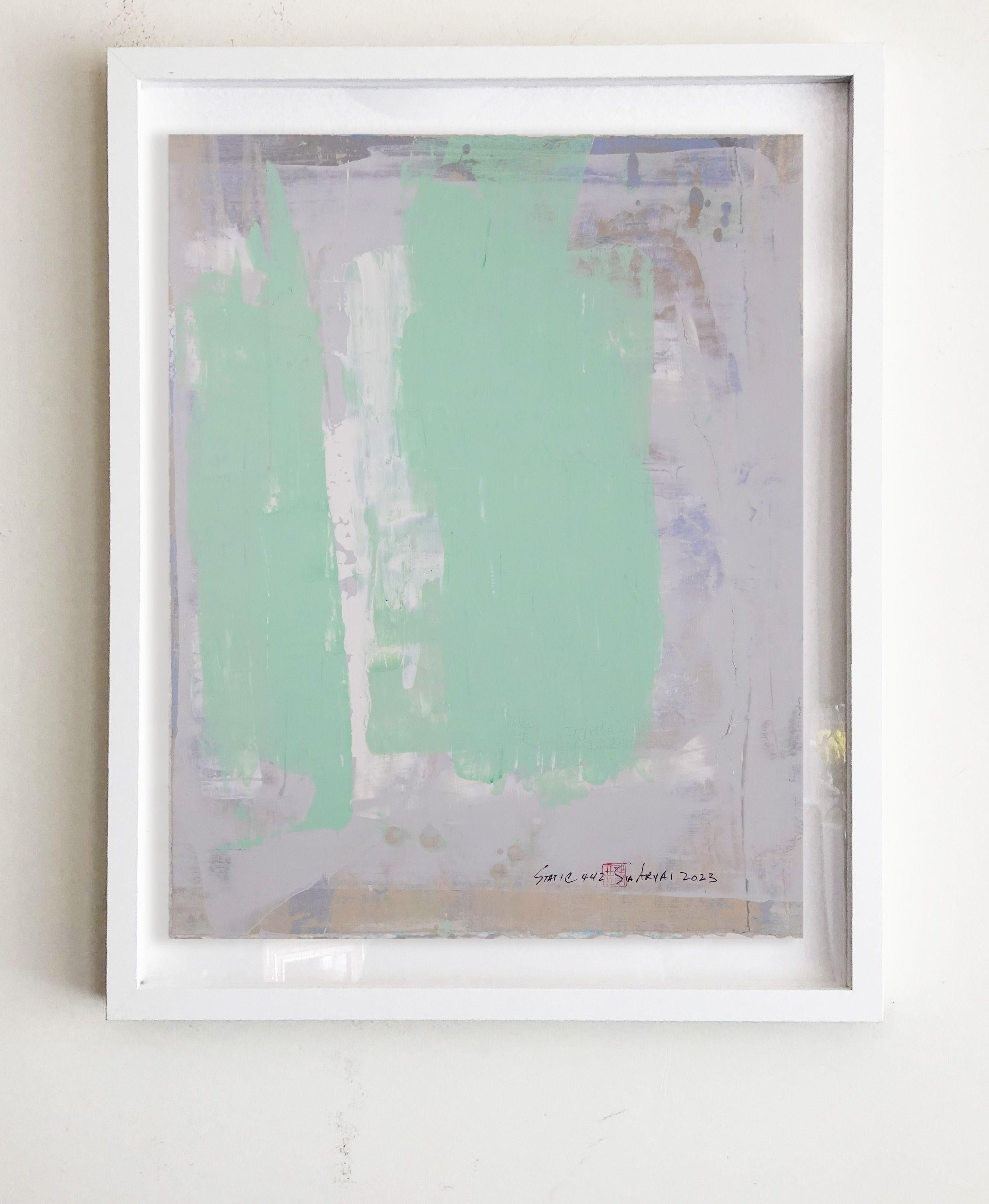 Static 442 One of a kind light green framed art, Painting, Acrylic on Paper For Sale 3